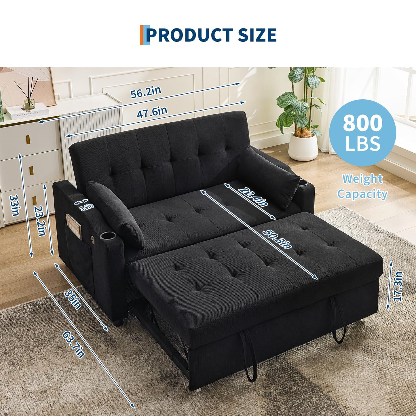 PeacefulHues Sofa Bed Couch, Futon Sleeper Couches with Pull Out Bed, USB Convertible Sofa Cama for Small Spaces, Living Room or Rv 3 in 1 Loveseat Furniture That Turns into Lounge Recliner