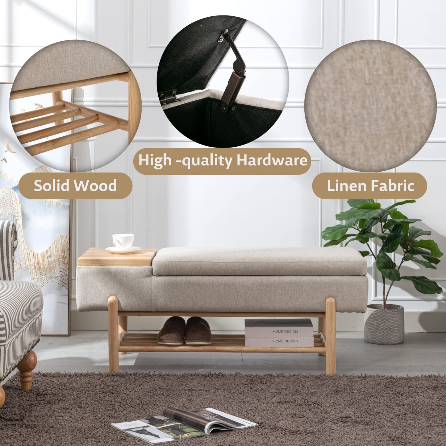 ROCITY Linen Fabric Bench for Bedroom End of Bed Beige Upholstered Storage Ottoman Bench with Cushion Seating for Living Room Entryway, Wood Legs