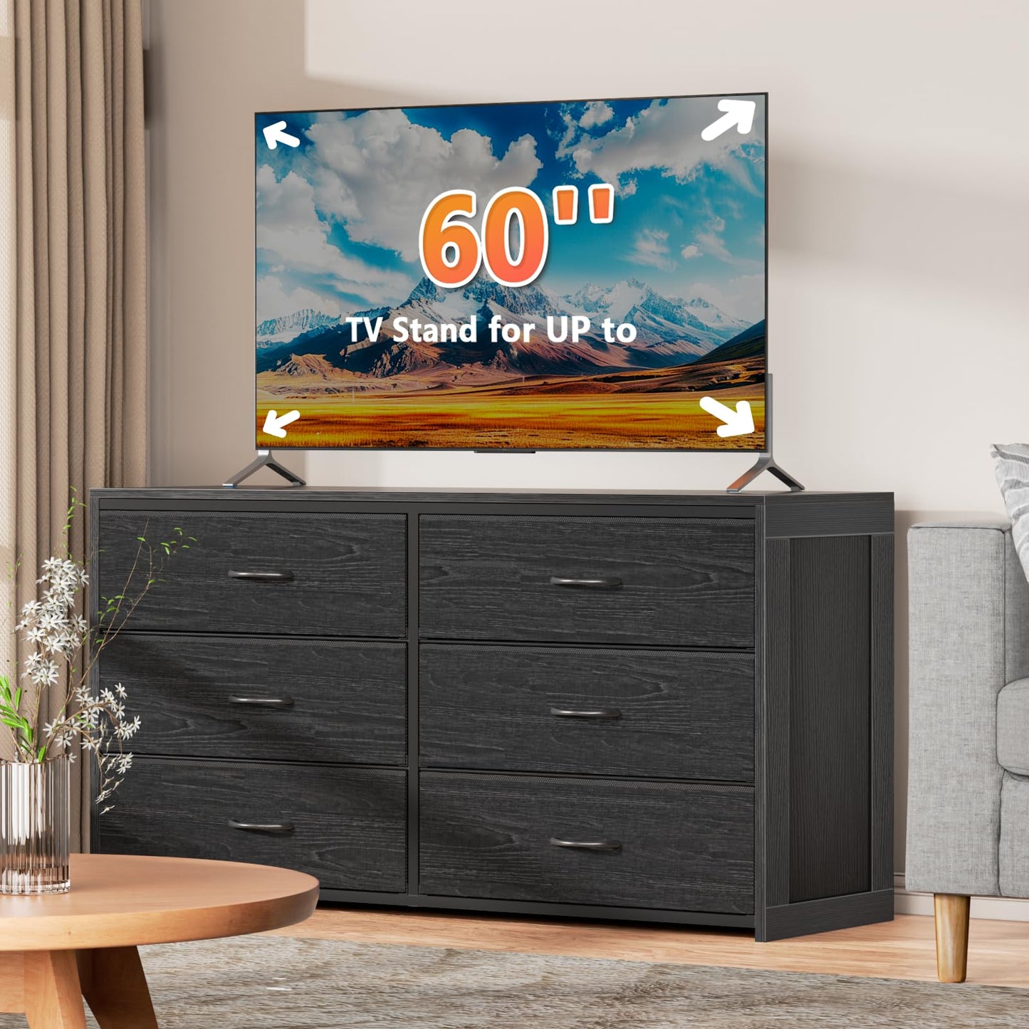 Black Dresser for Bedroom, 6 Drawer Dresser for Closet, TV Stand Entertainment Center for Living Room, Wooden Top and Side Large Fabric Drawer Storage Organizer, Chest of Drawer, Wide Furniture