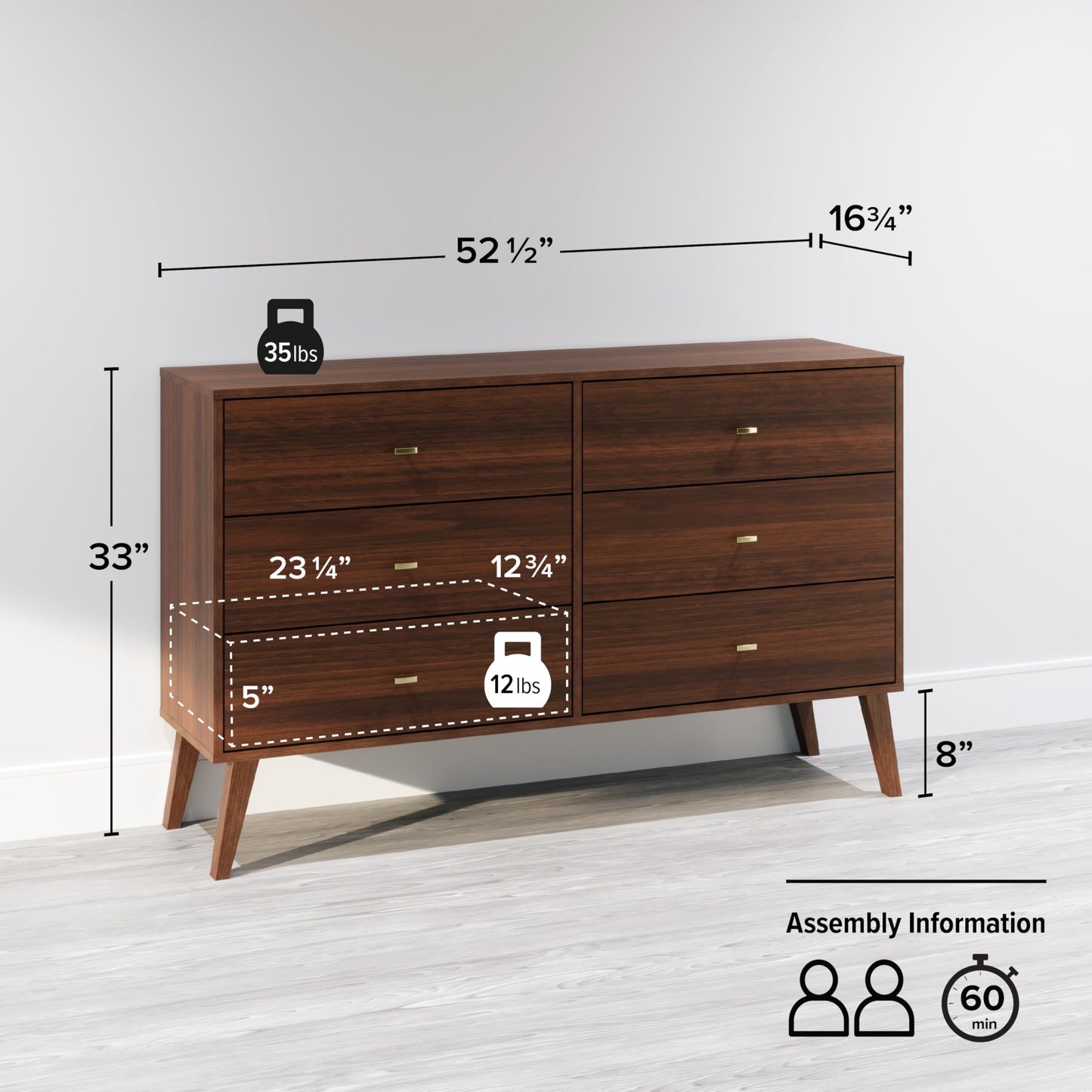 Prepac Milo Mid-Century Modern 6 Drawer Double Dresser for Bedroom, Wide Chest of Drawers, Contemporary Bedroom Furniture, 16.75" D x 52.50" W x 33" H, Cherry