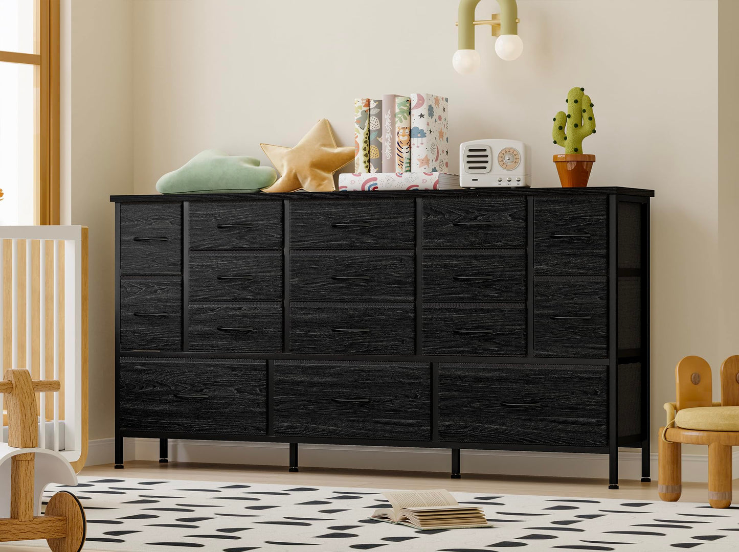 Fixwal 63.3 Inch TV Stand for 65 55 Inch TV Long Black Dresser for Bedroom, 16 Drawer Dresser with Power Outlets, Fabric Chest of Drawers for Bedroom, Entryway, Black