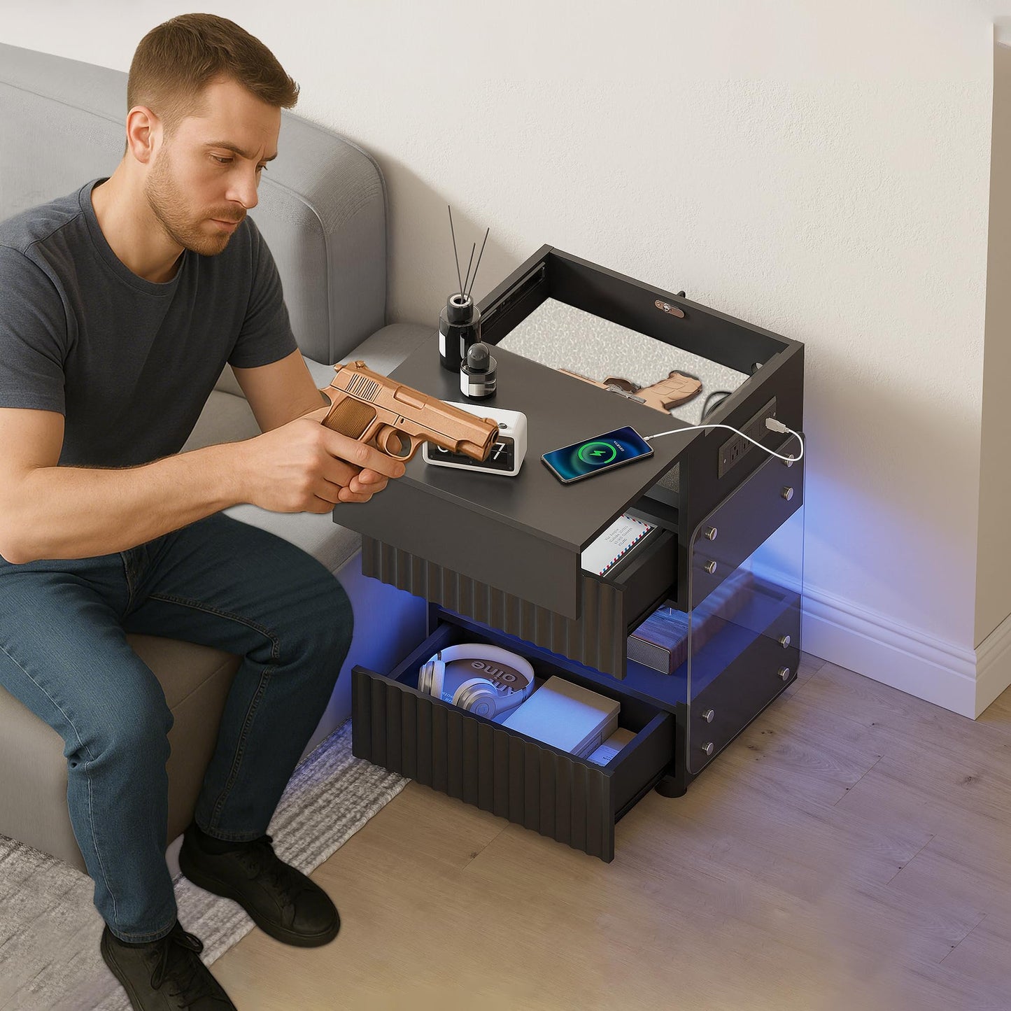 STHOUYN Bedroom LED Nightstand with Gun Drawers, Black Modern Night Stand with USB & Type-C Charging Station, Smart Nightstand Noght Stand, Bedside Table Gun Safe Side End Tables Office (1, Black)