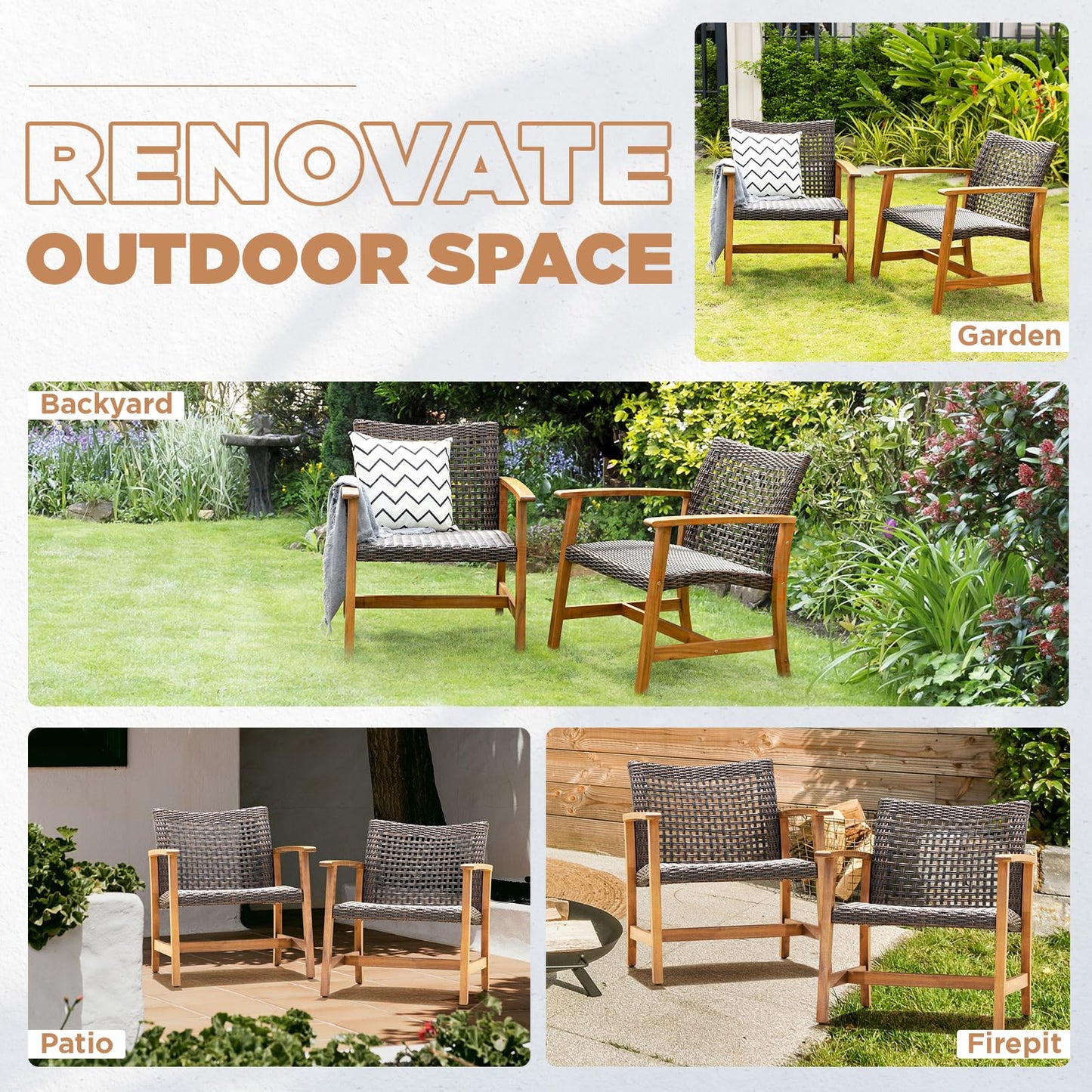 IDZO Liberte 500lbs Capacity Acacia Outdoor Club Chairs Set of 2, FSC Teak Finish Wood Patio Furniture Sets with Upgraded 2000Hours UV Resistant Wicker