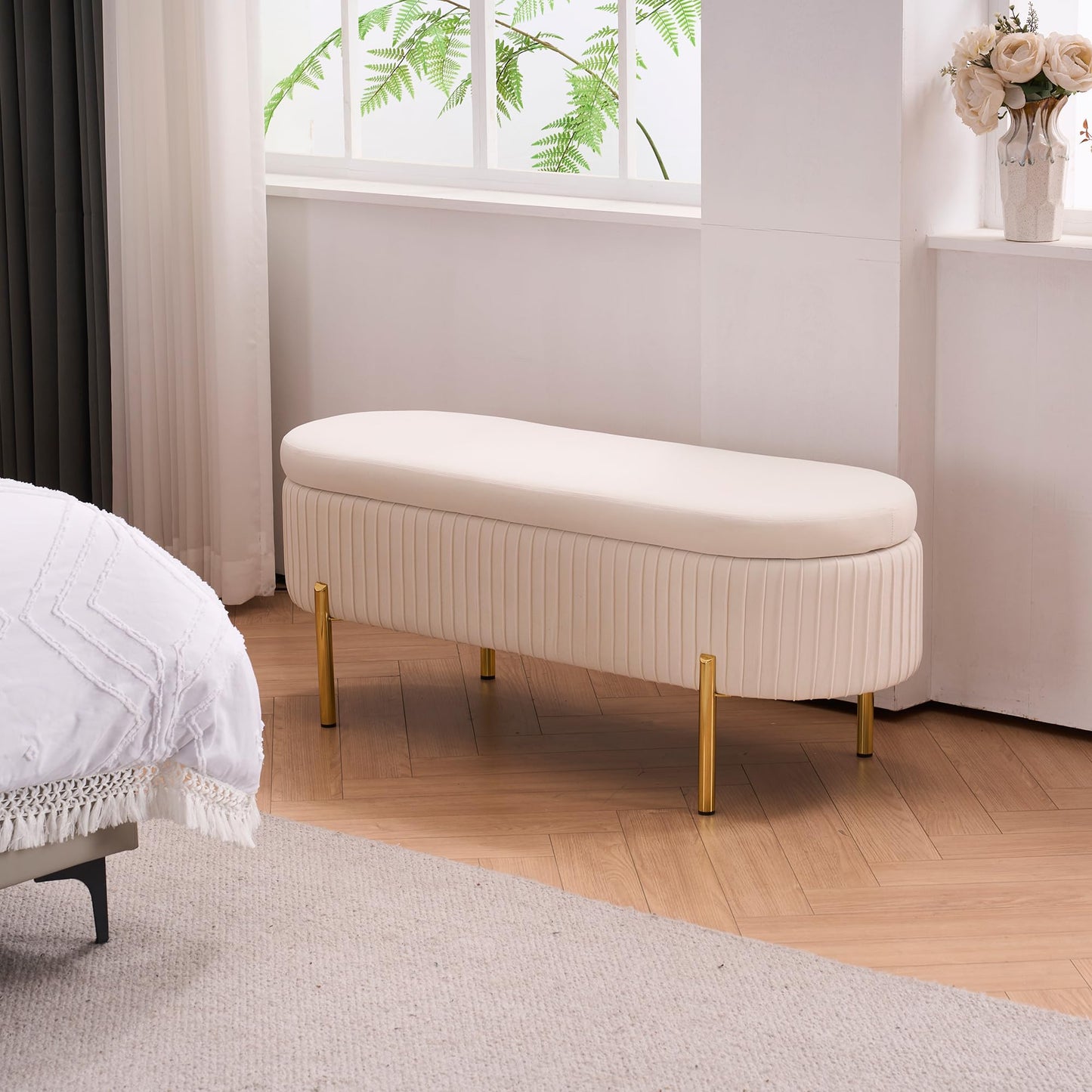 AIITTCC Velvet Storage Bench for Bedroom Upholstered End of Bed Bench Modern Ottoman with Gold Legs for Living Room/Window/Entryway (Ivory White, Oval-45.5" W)
