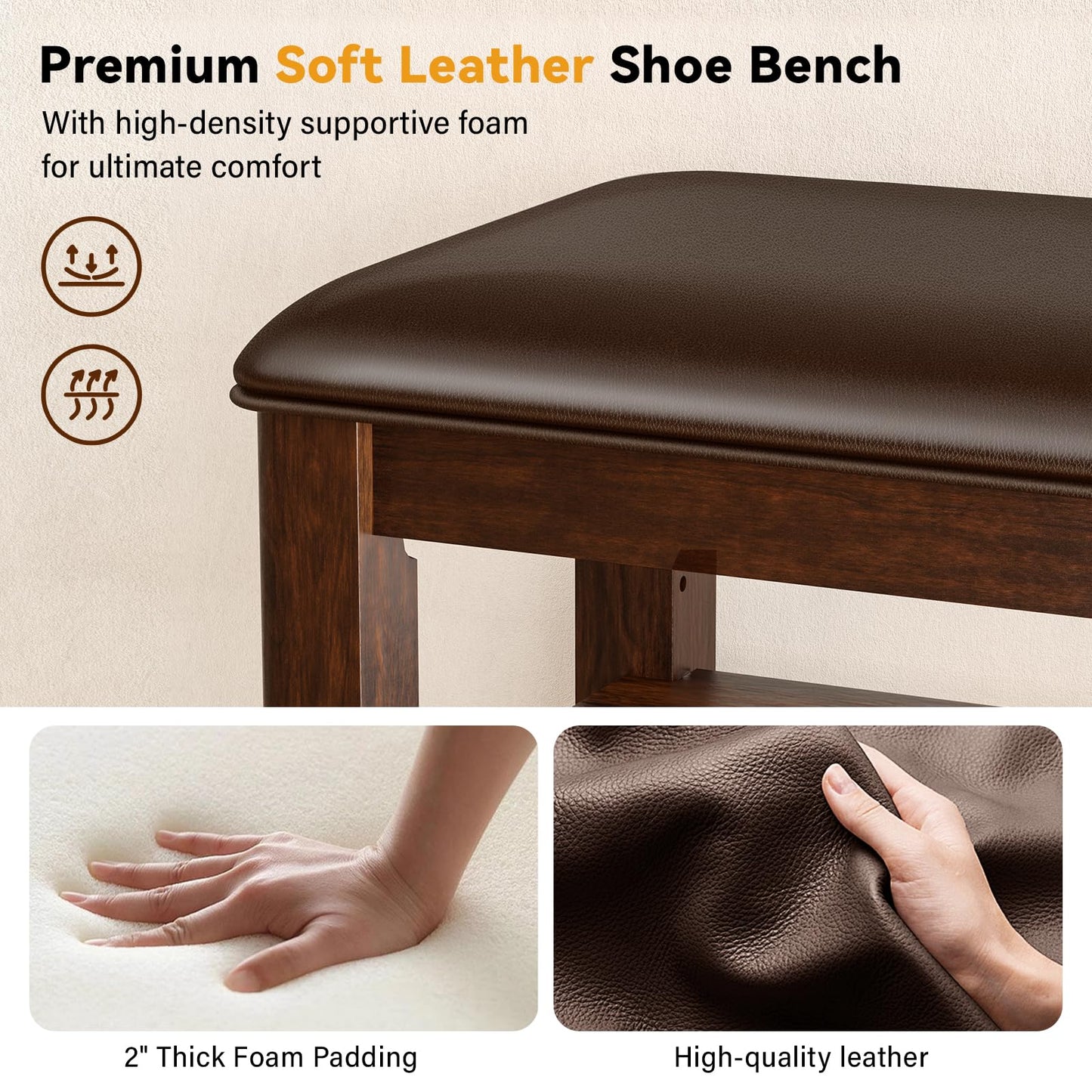 Entryway Shoe Storage Bench with Leather Cushion, Shoe Organizer Bench for Entryway, Ideal for Hallways Front Doors Entrances Mudrooms Featuring Rubberwood And 3 Height-Adjustable and Removable Shelve