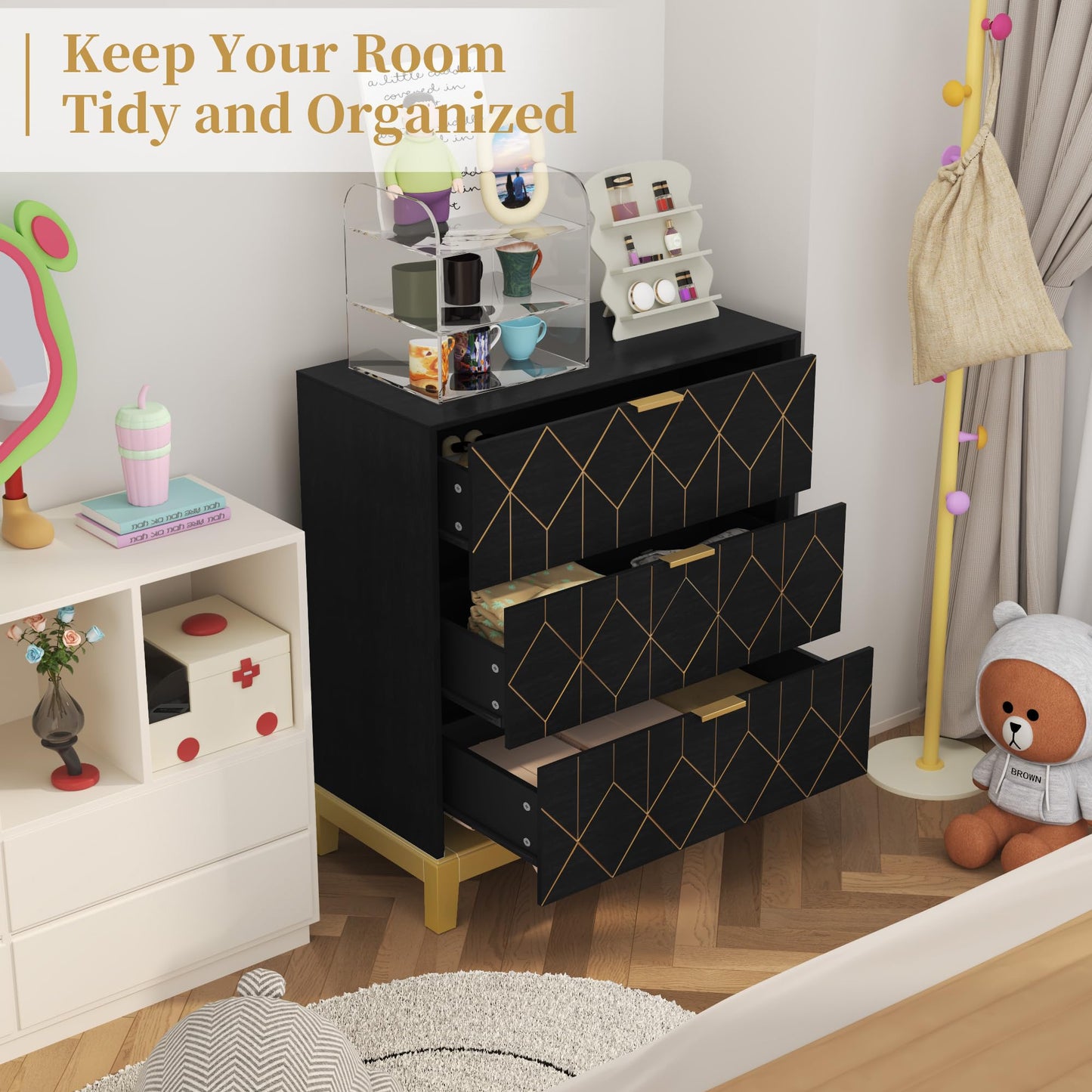 HLR 3 Drawer Dresser for Bedroom, Modern Wood Chest of Drawers with Gold Trim, Accent Dresser Storage Tower, Black Organizer Cabinet for Closet, Living Room, Hallway, Entryway