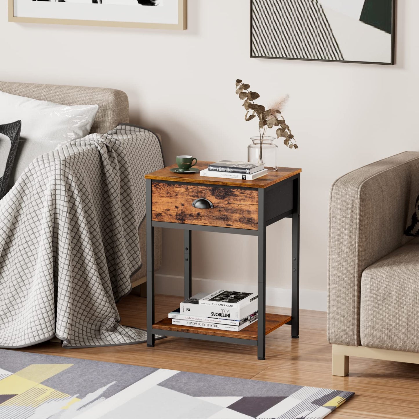 Furologee End Table with Storage Shelf and Fabric Drawer, 2 Tiers Industrial Nightstand, Bedside Table Organizer for Living Room Bedroom, Rustic Brown, Easy Assembly