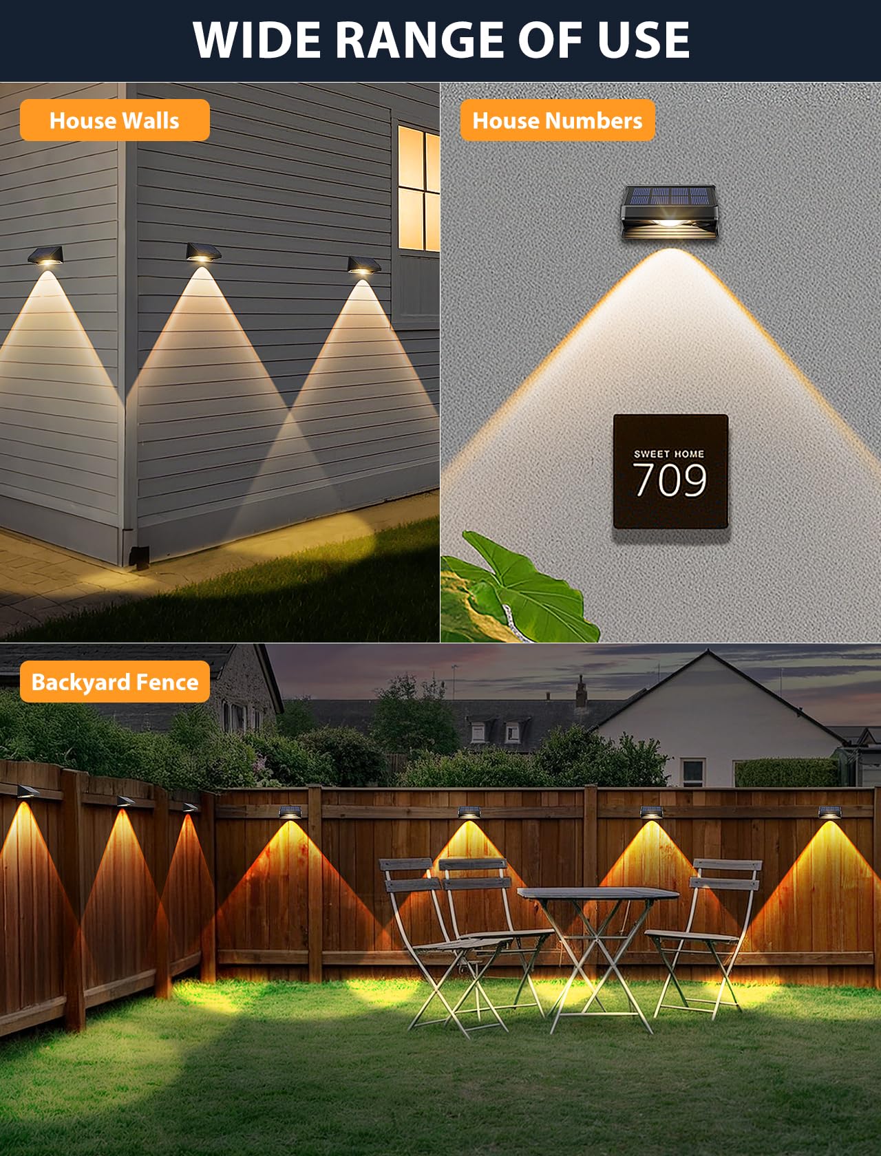 Solar Fence Lights Outdoor, 16 Pack Warm White Bright Led Fence Powered Lights Outdoor Waterproof Solar Powered Wall Lighting, Dusk to Dawn Small Solar Deck Light Decorate Backyard/Railing/Patio/Porch