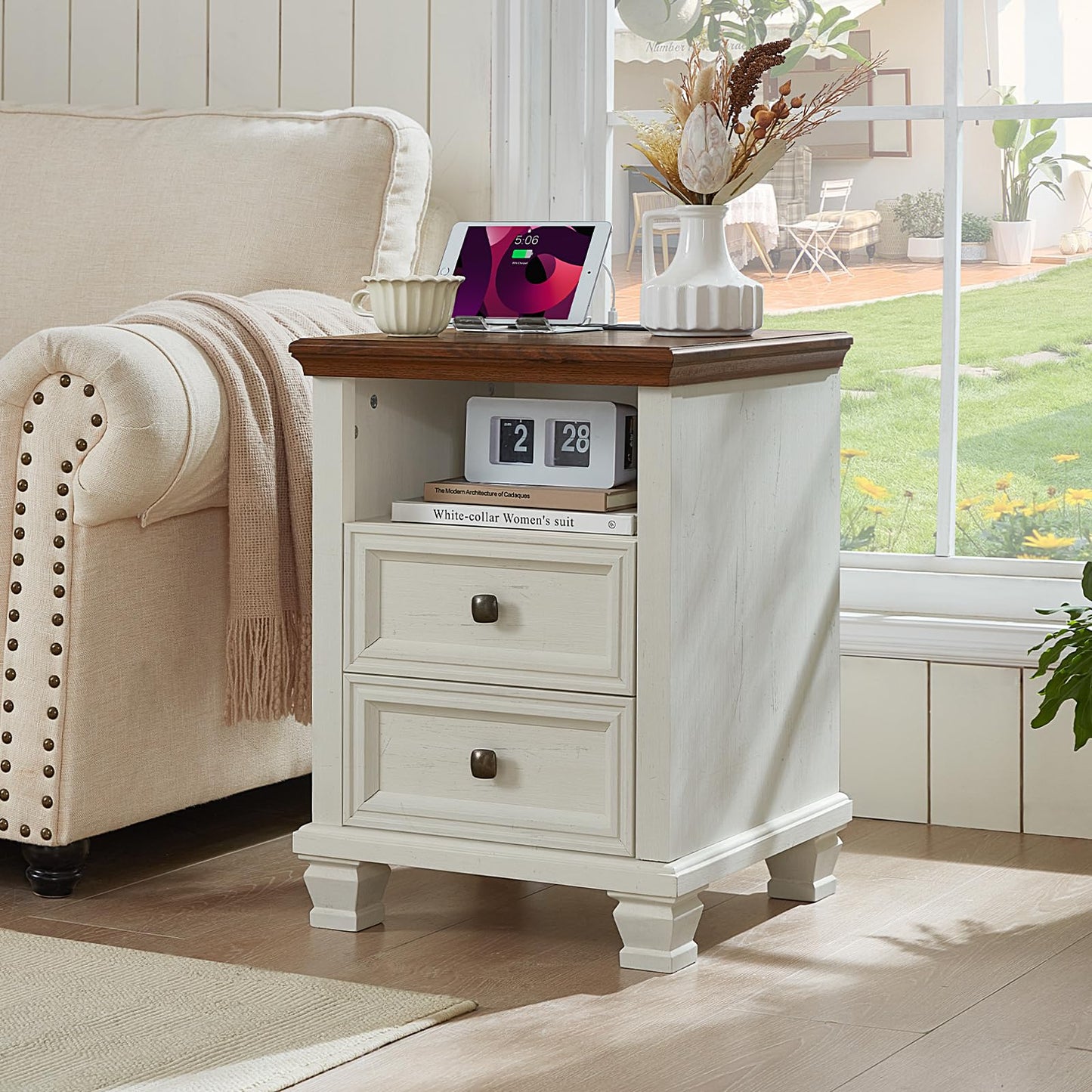 SAVOR LIFE Farmhouse Nightstand Set of 2 with Charging Station, Rustic White Nightstand,2 Drawers End Table for Living Room,Bedside Table with Open Shelf for Bed Room,White