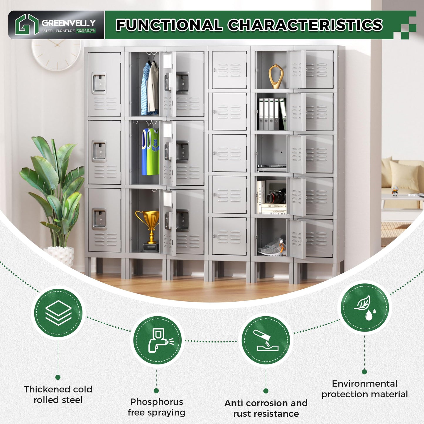 Greenvelly Metal 5-Tier Lockers for Employees Steel Lockers for Gym, Metal Storage Locker with Louvers, 5 Door Locker for Office,Home,School (Grey)