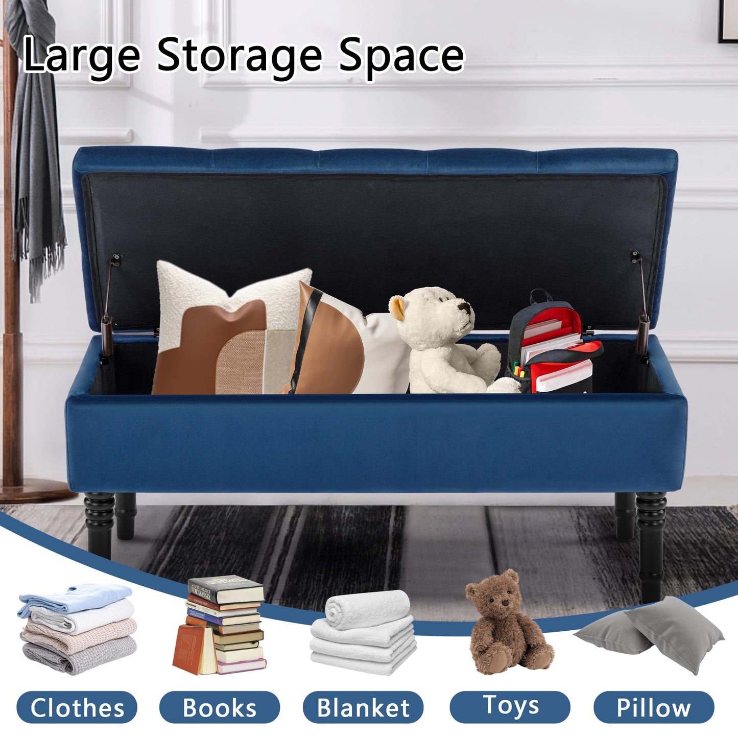 FOREDO Velvet Storage Ottoman Bench, Upholstered Storage Bench with Button Tufted, End of Bed Storage Bench, Blue