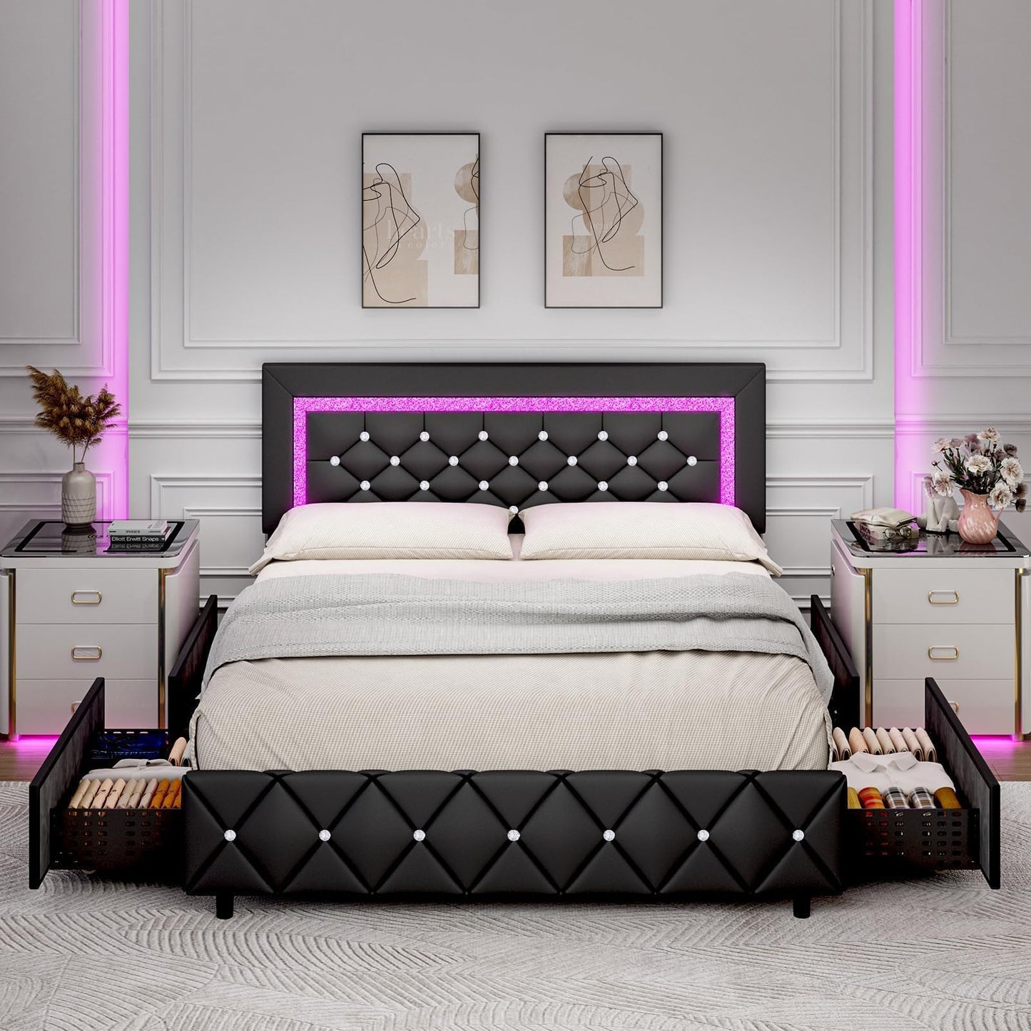 Queen Bed Frame with LED Lights, Upholstered Bed Frame with Storage Drawers, Modern Platform Bed with Diamond Headboard and Footboard, No Box Spring Needed, Black