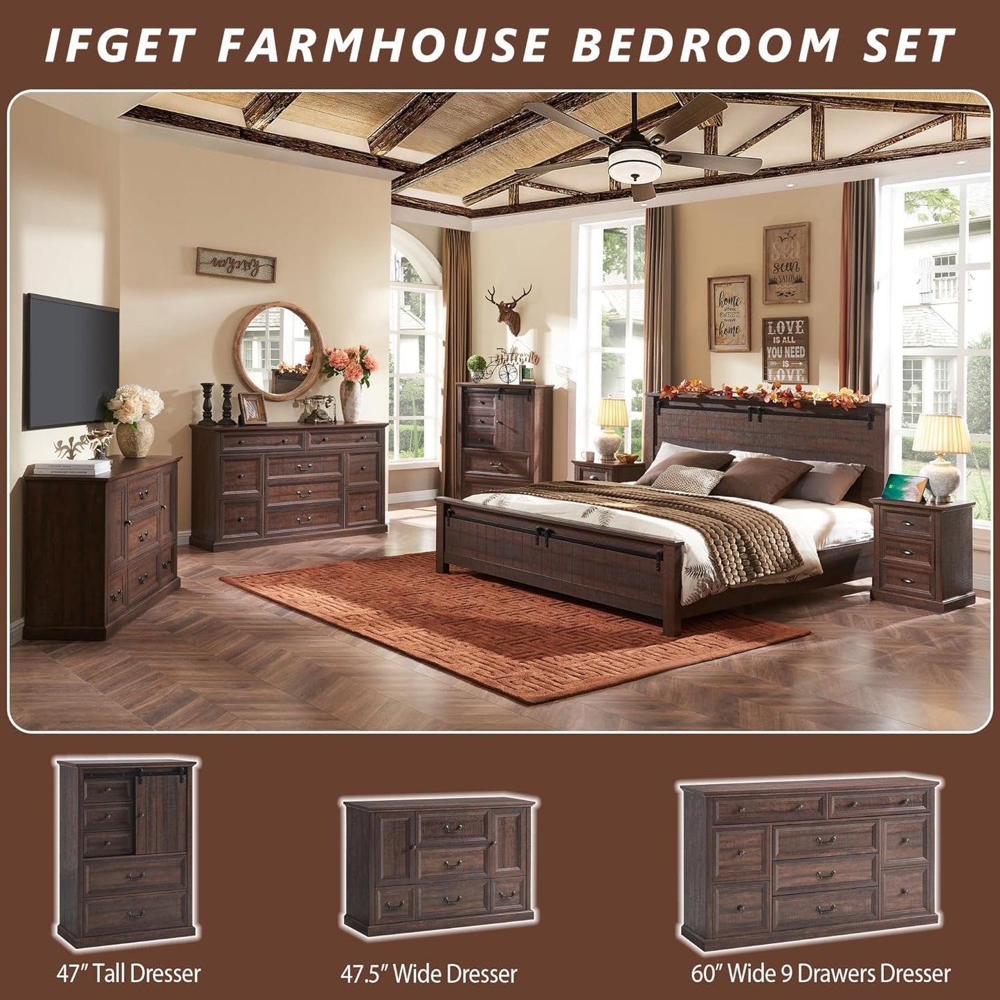 IFGET Farmhouse 9 Drawers Dresser for Bedroom, 60" Wide Wood Rustic Chest of Drawers, Large Storage Dressers Organizer for Bedroom, Living Room, Hallway, Dining Room-Brown