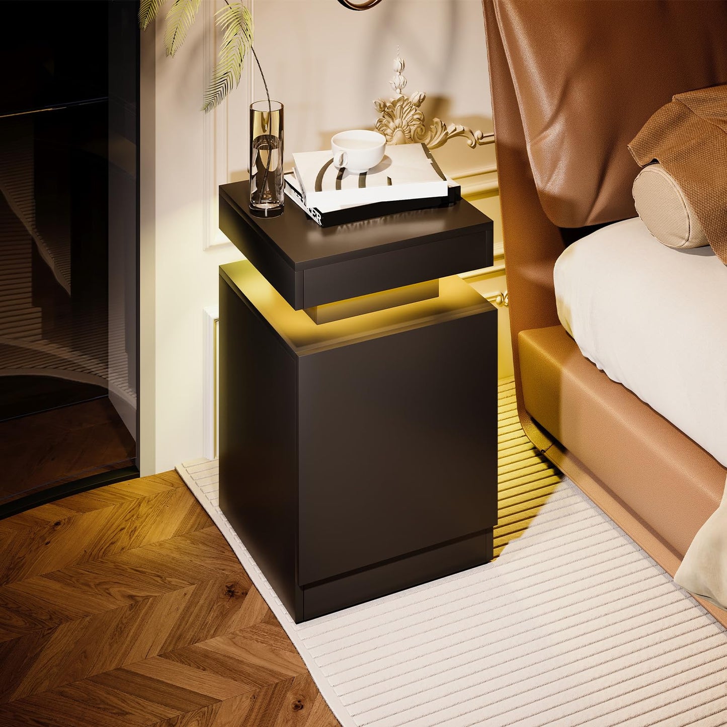MXV Nightstand Set of 2 with LED Lights,Night Stand with Storage Cabinet for Bedroom,Bedside Table with LED (Black, 17.7" / Set of 2)