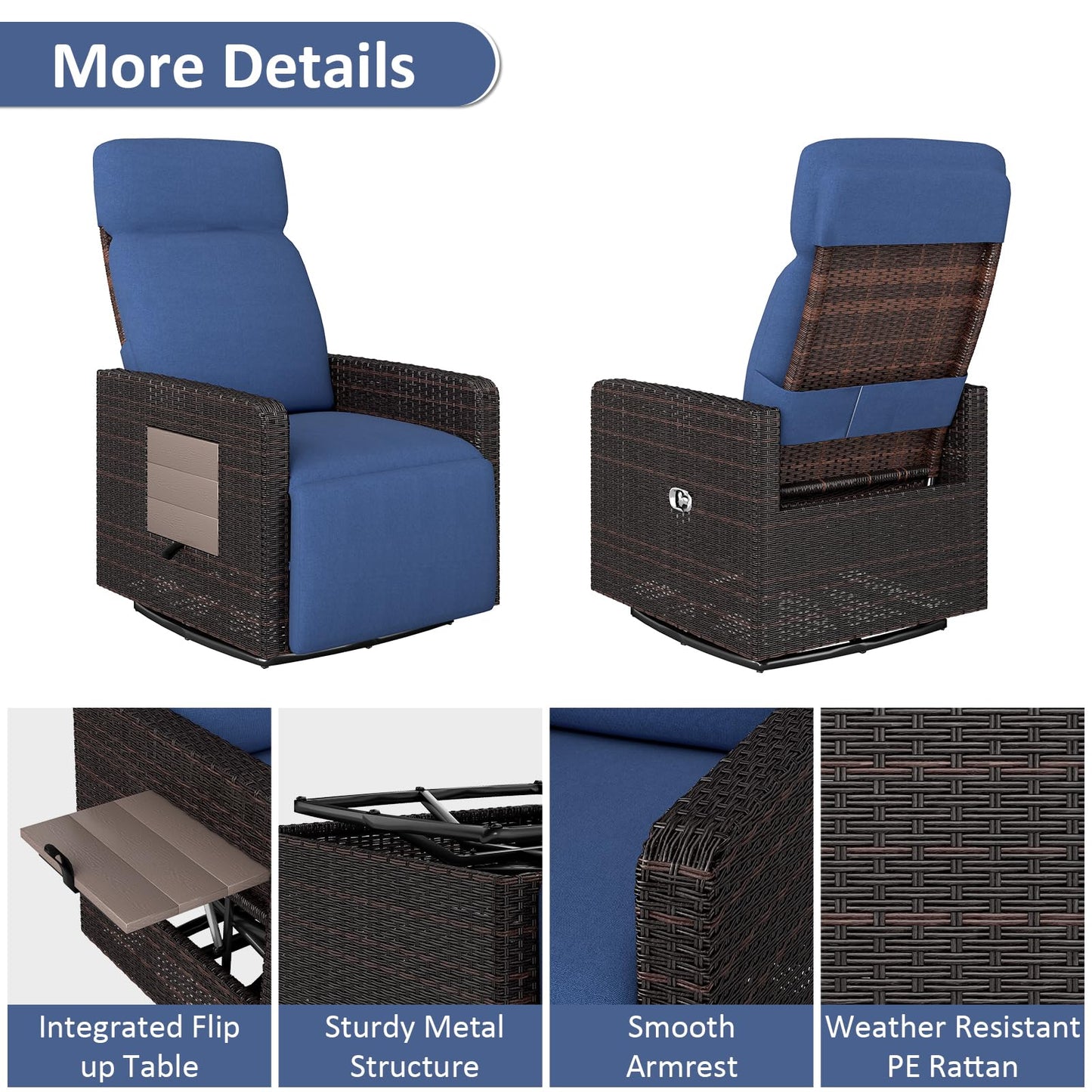 Kinfant Outdoor Recliner Chair with Adjustable Backrest, Flip Table, Thickened Cushion- for Patio, Poolside, Lawn, Backyard (Blue)