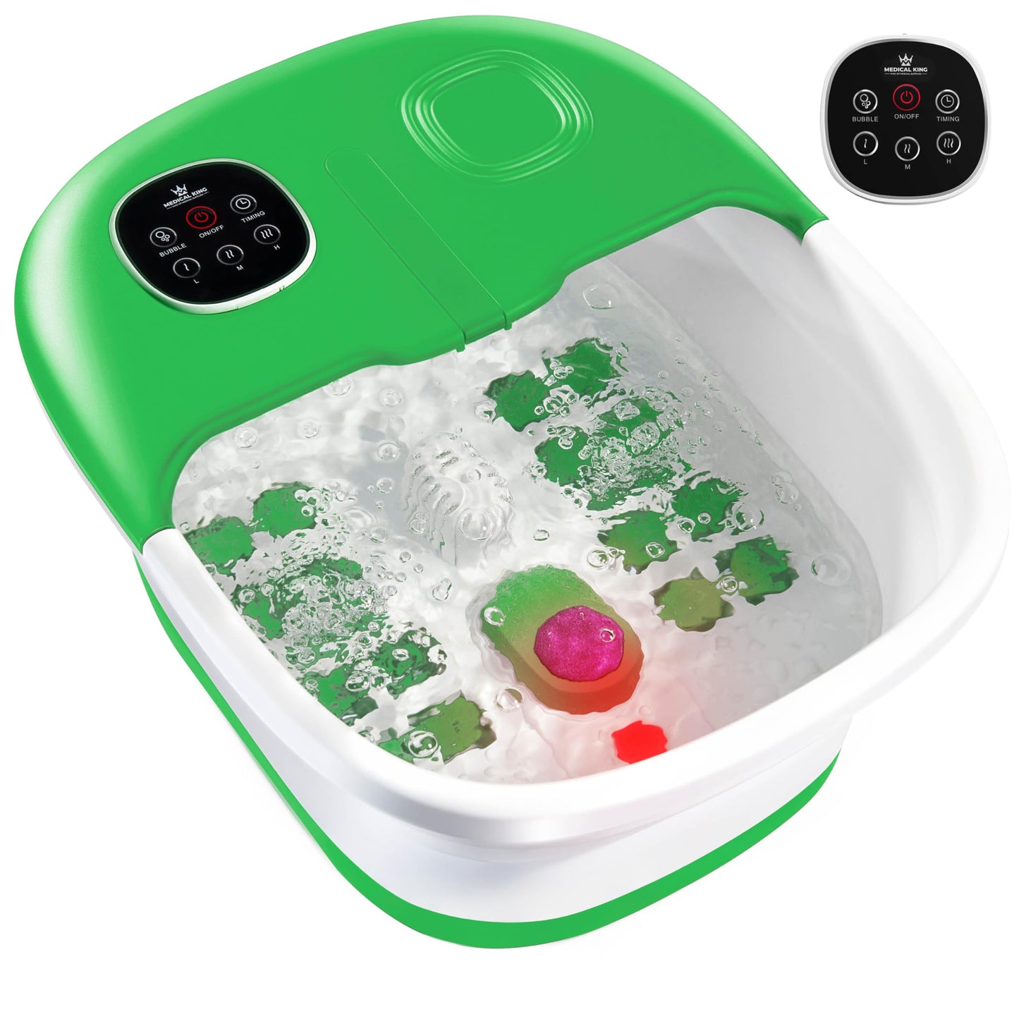 Medical King Collapsible Foot Spa with Heat, Massage Jets, Bubbles & Vibration - Includes Remote Control & Pumice Stone