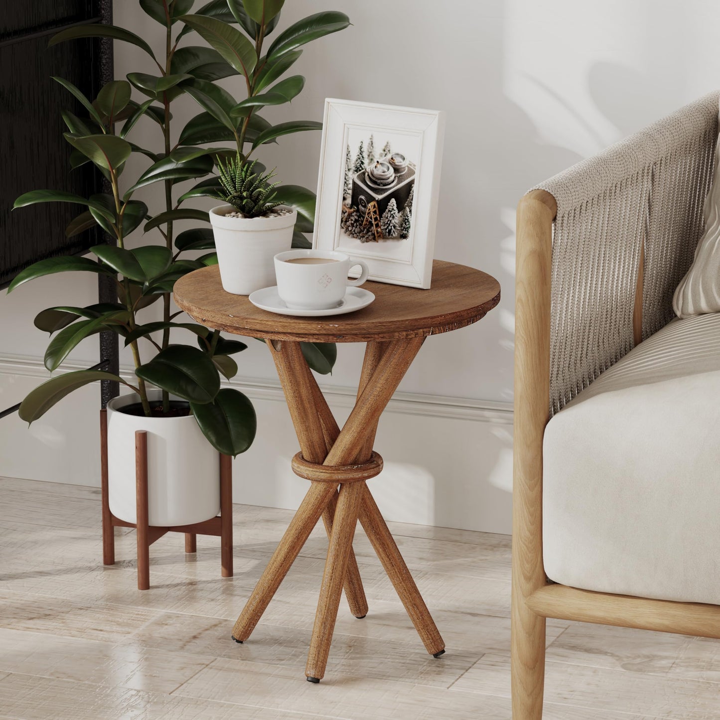 COZAYH Round Wood End Table Farmhouse Wooden Side Table Rustic Plant Stand with Bundled Legs for Living Room, Office, Walnut