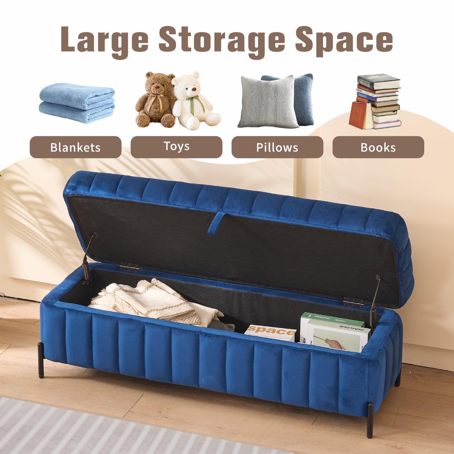 Sinzho & Wiyfun Upholstered 49.2" End of Bed Storage Bench Velvet Storage Ottoman Bench for Bedroom Entryway, Navy Blue