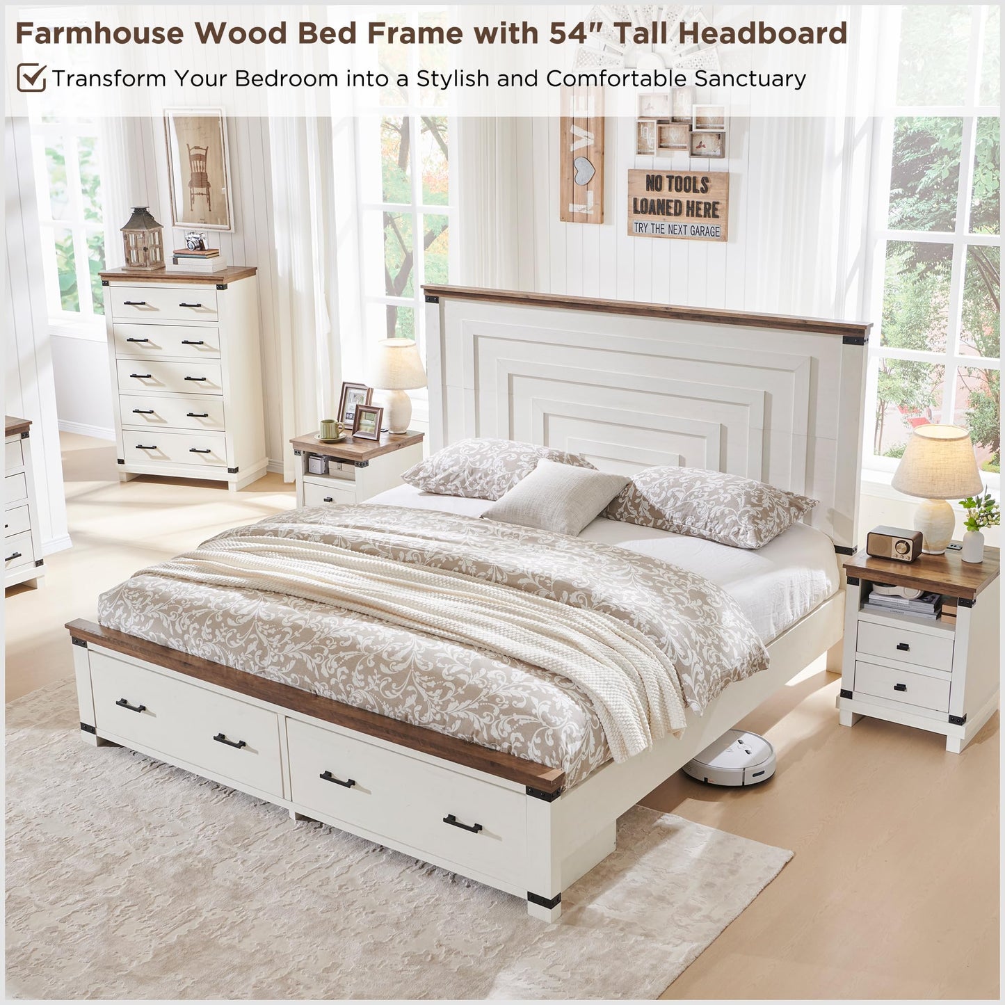 RedLemon Farmhouse King Size Bed Frame w/ 54" Tall Geometric Headboard, Rustic Wood Platform Bed w/ 2 Large Storage Drawers, Wood Slats Support, Noise Free, No Box Spring Needed, Antique White