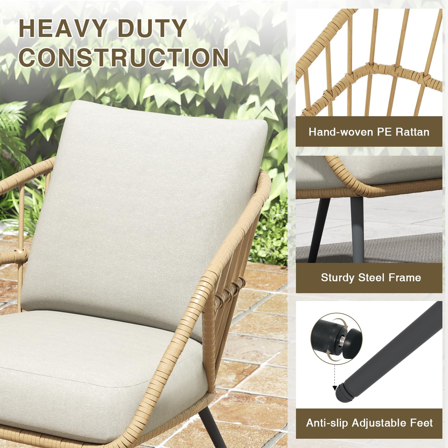 SANDAZE 4 Pieces Outdoor Patio Furniture Set, PE Rattan Wicker Balcony Porch Deck Furniture, Conversation Set Patio Table and Chairs Set with Thick Cushions and Coffee Table, Beige