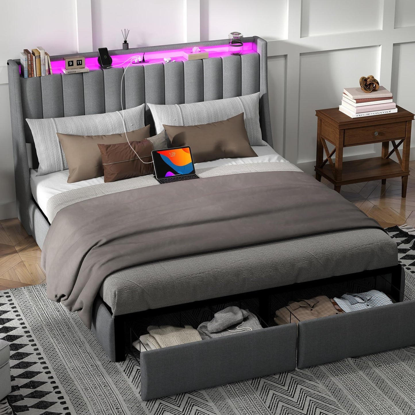 Queen Bed Frame with Headboard and 2 Storage Drawers, Platform Bed Frame Queen Size Upholstered with LED Lights and Charging Station, Steel Slat Support, No Box Spring Needed, Easy Assembly, Gray