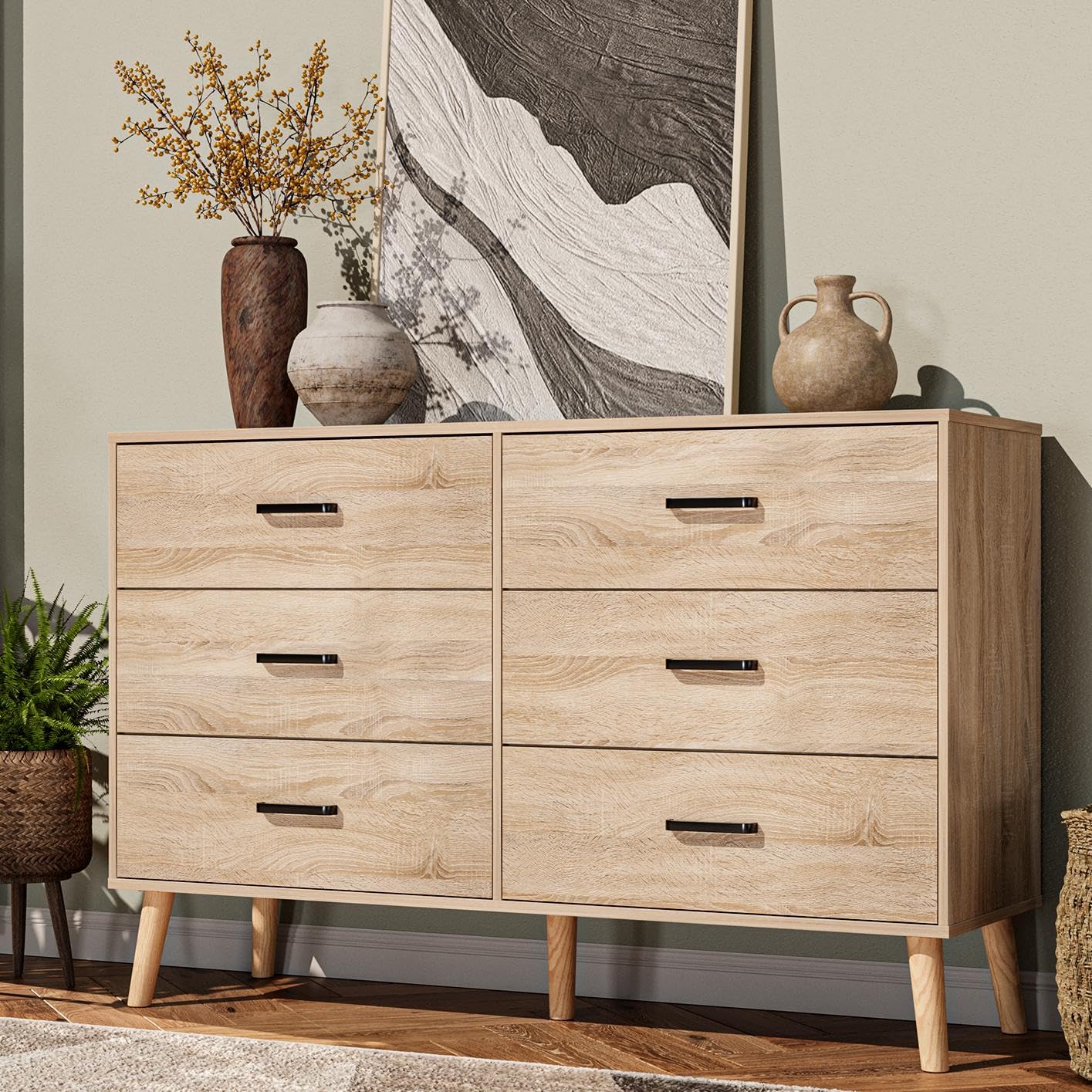 Bigbiglife Wood Dresser for Bedroom, 6 Drawer Dresser with Metal Handles, Mid Century Modern Dresser Double Chest of Drawer (Light Oak)