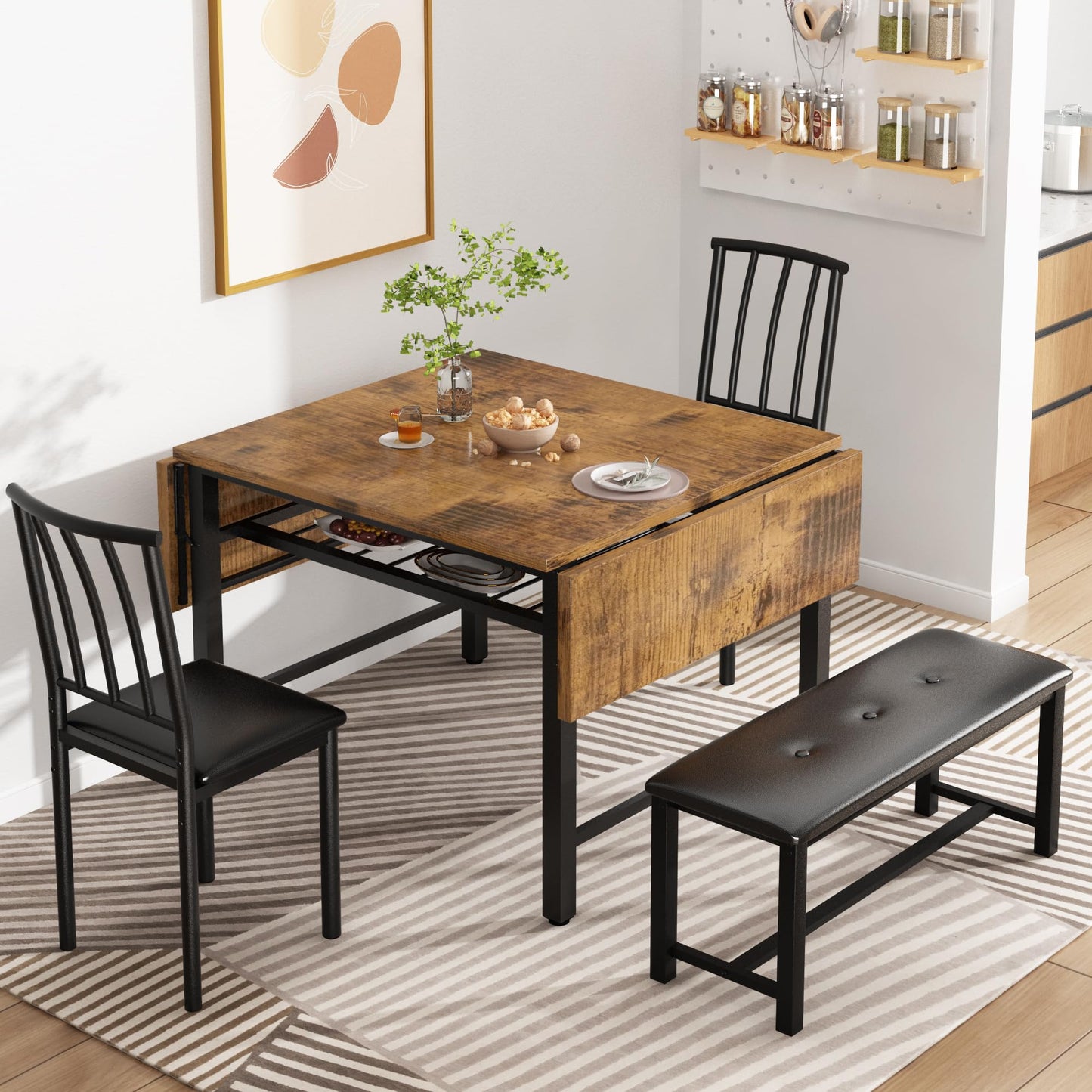 AWQM 4-Piece Faux Wood Drop Leaf Dining Table with Storage Rack, Space Saving Breakfast Nook Table Set with 2 Backrest Chairs and 1 Upholstered Bench, Kitchen Dining Table and Chairs Set for 2-4