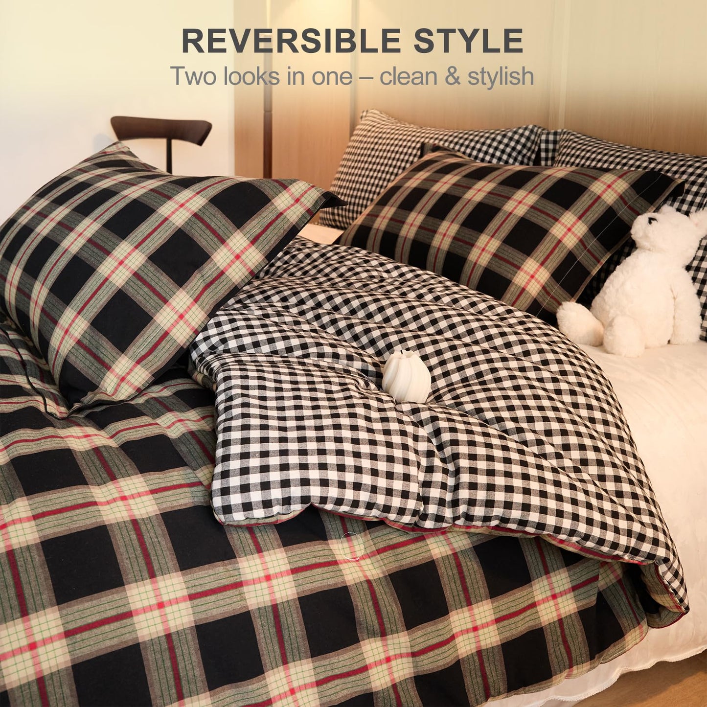 hadamick 100% Cotton Comforter Set Twin Size – Reversible Yarn-Dyed Checkered Design, Soft Washed Cotton on Both Sides, Lightweight All-Season Bedding, Machine Washable(Black Red Plaid, 68”x90”)