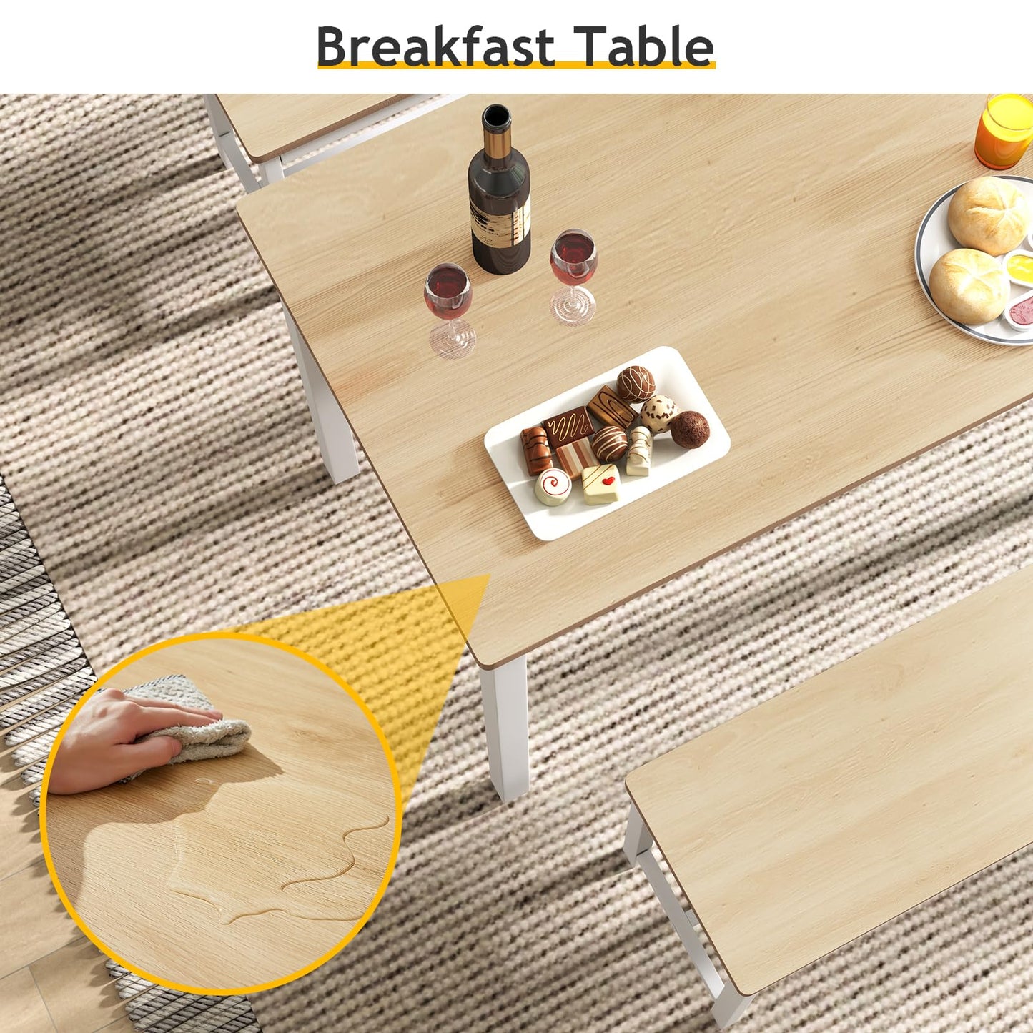 Rovibek 43" Dining Table Benches Set for 4, Modern Space Saving Kitchen Table Chairs & Adjustable Feet Breakfast Table 2 Benches, Wooden Industrial Style Farmhouse, White