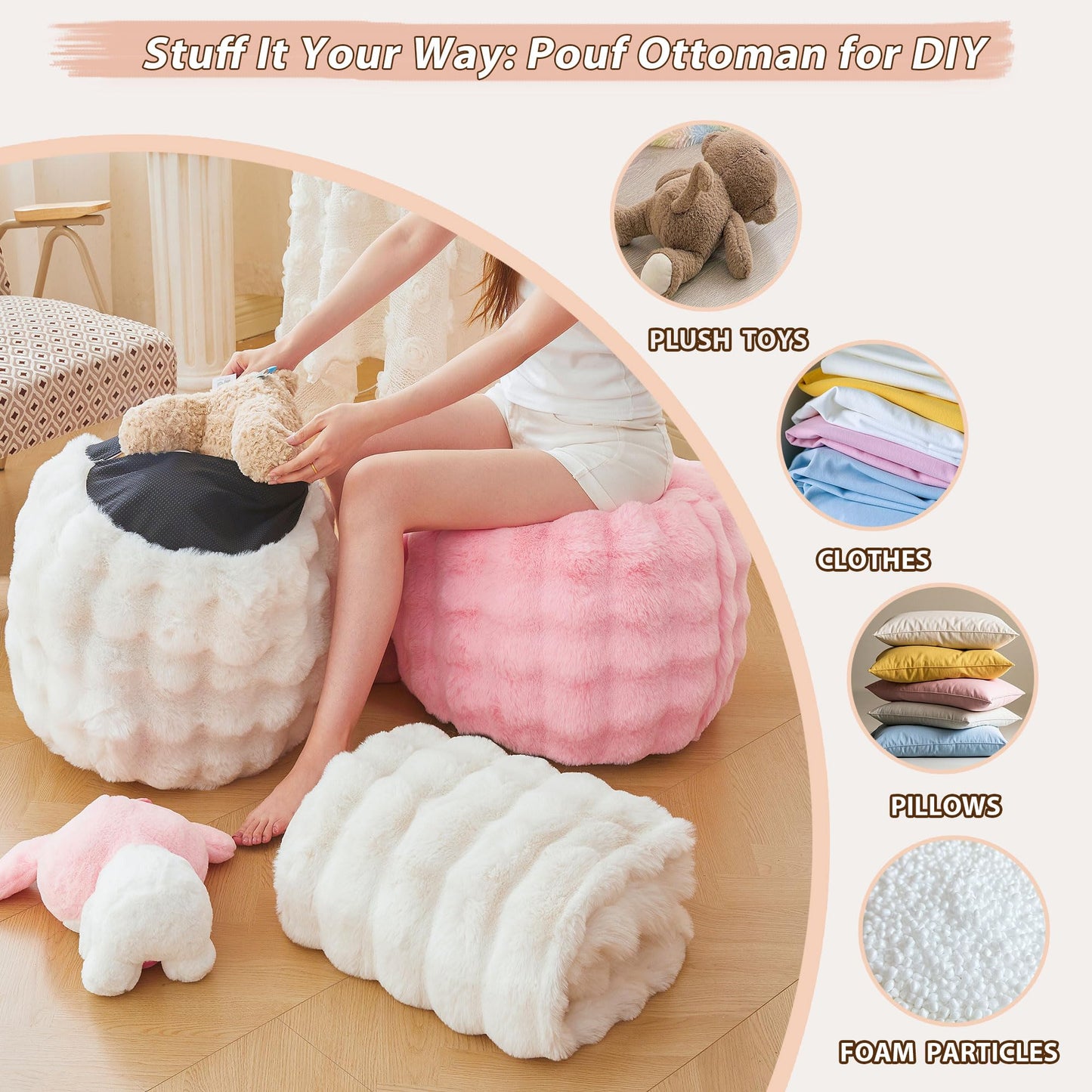 LIFEREVO Faux Rabbit Fur Round Inflatable Pouf Ottoman, 20" X 16" Plush Fuzzy Waffle Bubble Floor Poufs Foot Rest for Living Room Bedroom, Furry Pouf Chair Foot Stool Home Decor, Anti-Slip, Pink