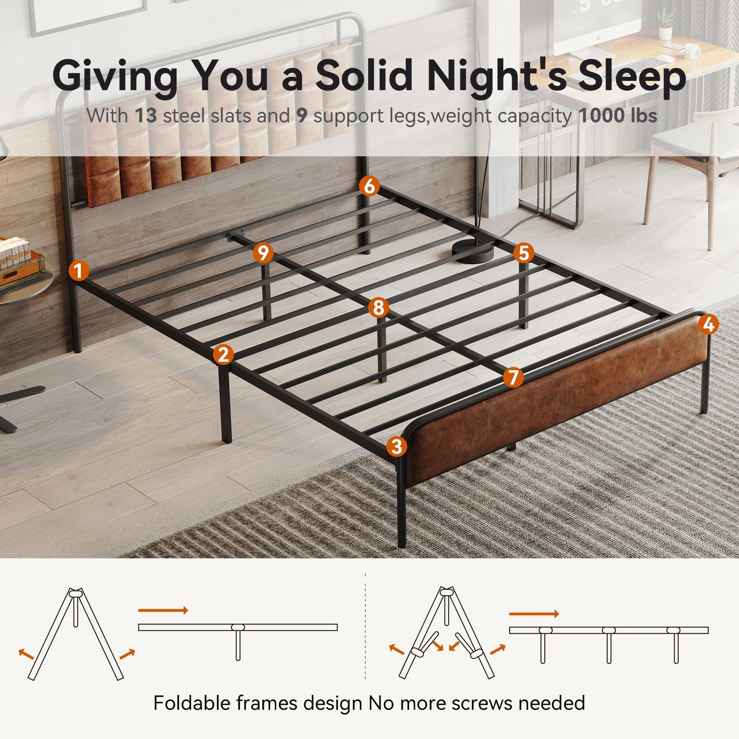 Susalt PU Leather Queen Bed Frame, Queen Size Metal Platform Beds with Upholstered Headboard & Footboard, 12" Underbed Storage Space, Easy Assembly, Noise-Free, No Box Spring Needed, Brown