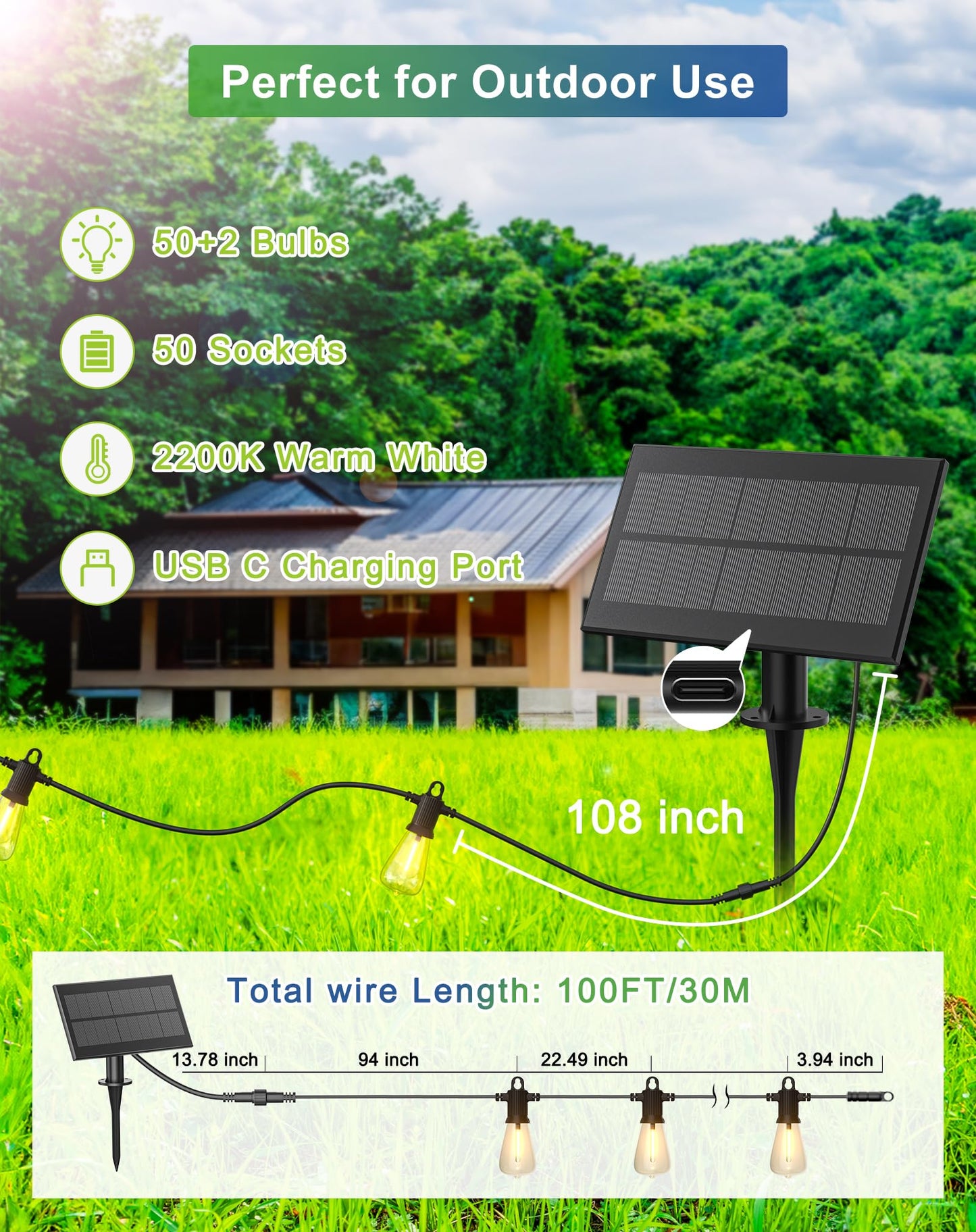 Zuske Solar String Lights Outdoor Waterproof 100FT with USB Port and 52 Shatterproof ST38 Bulbs(2 Spare), LED Solar Powered Patio Lights for Outside, Porch, Backyard, Gazebo, Garden(Warm White)