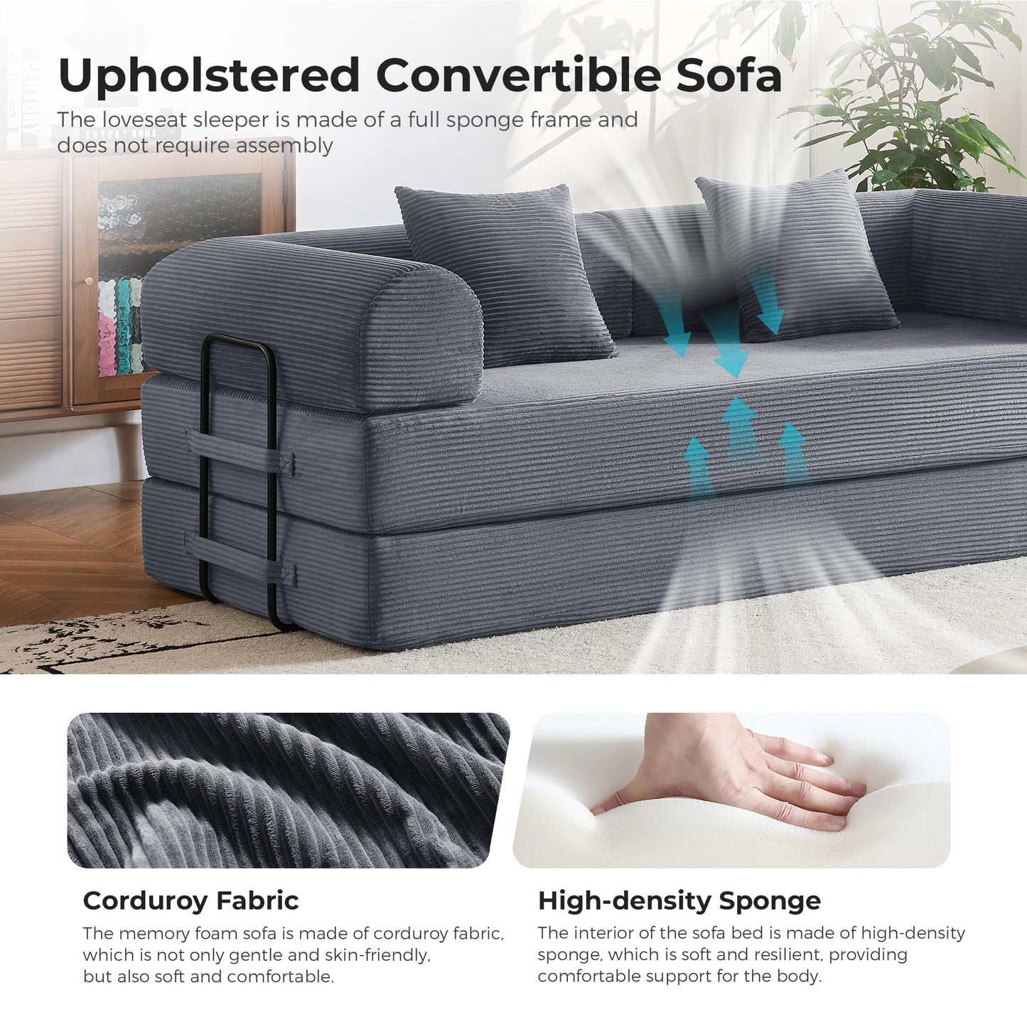 Bsxupke 79'' Convertible Sleeper Couch Bed, Floor Sofa Bed with Fixed-Shape Frame, Corduroy Floor Sofa with 2 Pillows, Loveseat Floor Sofa Lounge for Living Room Bedroom, Dark Grey