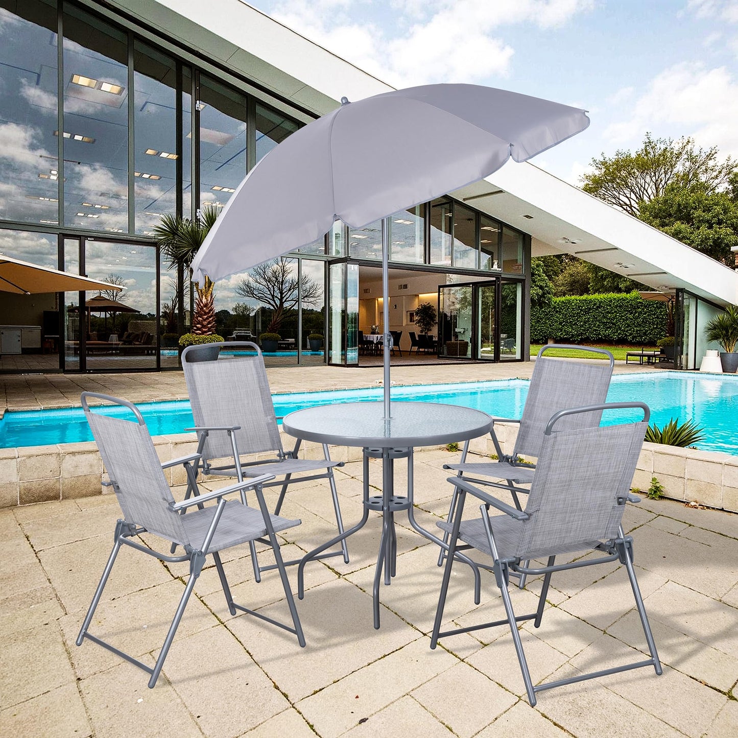 Shintenchi 6 Piece Patio Dining Set with Umbrella, Outdoor Furniture Set with 4 Folding Chairs and Tempered Glass Top Dining Table fot Lawn Backyard Garden Porch Silver