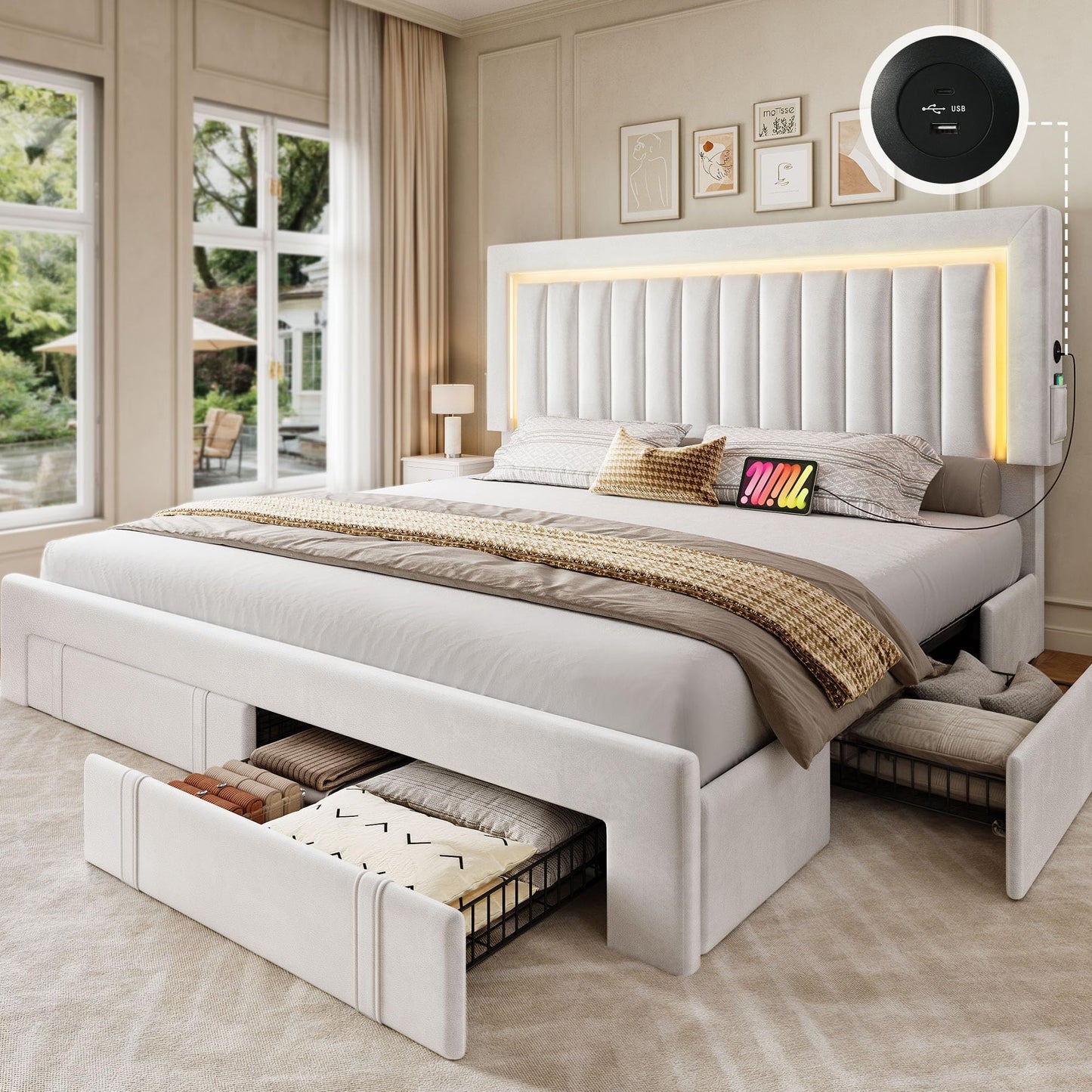 DWVO Queen Size Bed Frame with Adjustable Headboard, 4 Storage Drawers and RGB LED Lights, Velvet Upholstered Platform Bed with USB Ports, No Box Spring Needed, Fast Assembly, Noise-Free, White