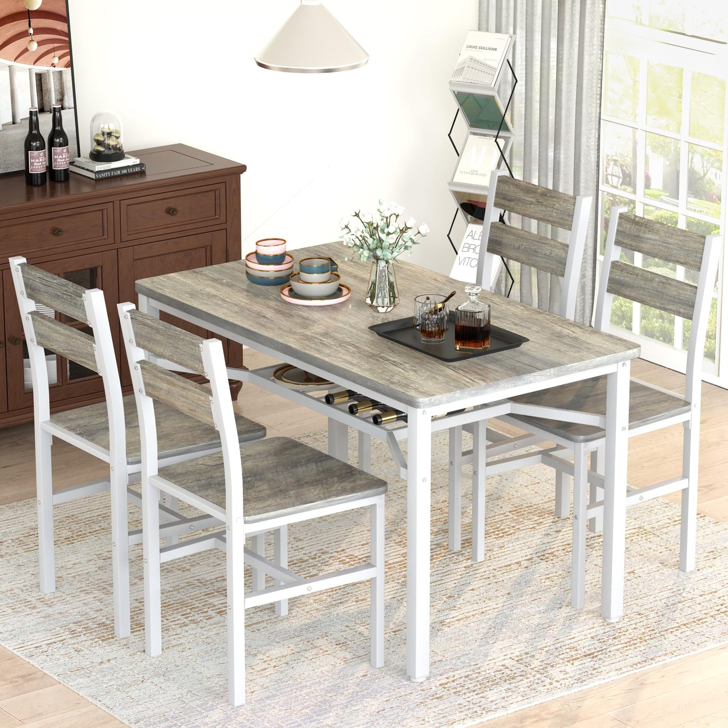 Hooseng Dining Table Set for 4, Wood Kitchen Table Chairs Set with Storage, Farmhouse 5 Piece Dining Room Table Set, Space-Saving Dinette Set for Breakfast Nook, Apartment