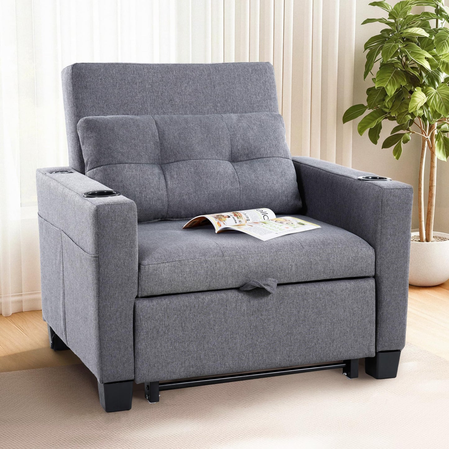 FLEXISPOT Sleeper Chair Bed with USB Ports & Cup Holders, 3-in-1 Convertible Sofa Bed for Living Room, Pull-Out Recliner Chair with Pillows, Adjustable Backrest, Small Space Furniture (Gray)