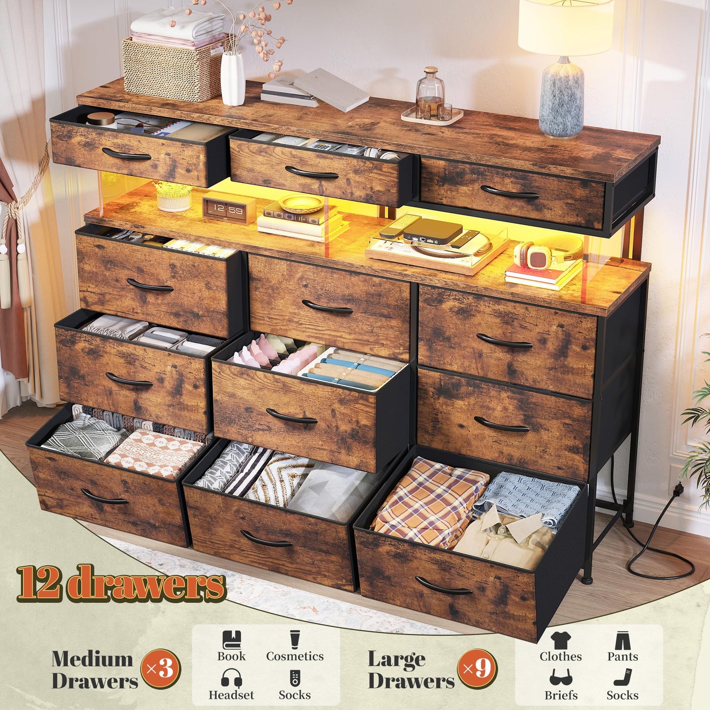 Dresser for Bedroom with 12 Drawers, Dresser with LED & Charging Station, 38.6''H Dressers & Chests of Drawers with with 10mm Sturdy Acrylic Sheet, for Bedroom, Closet, Entryway, Rustic Brown