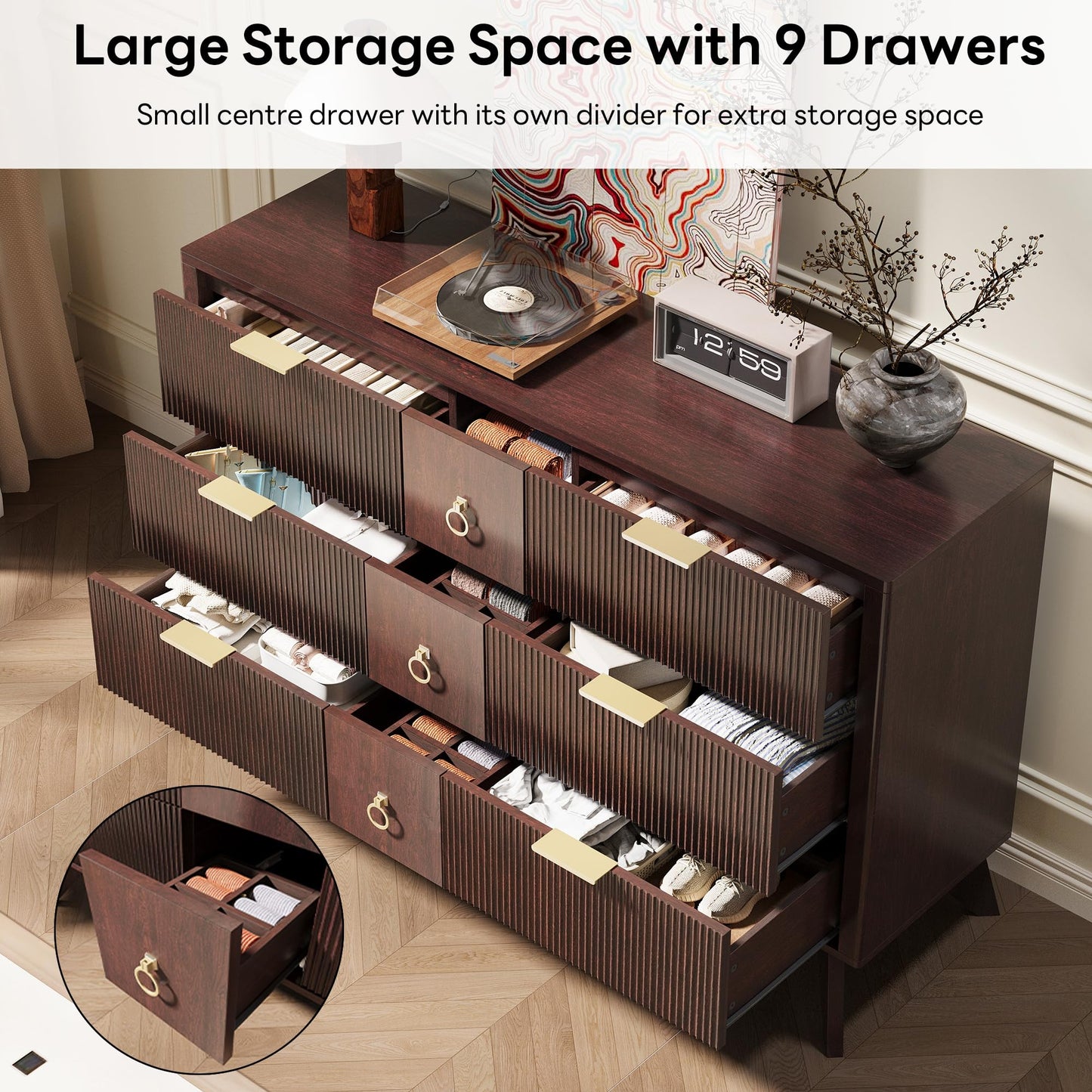 LIKIMIO Dresser for Bedroom 9 Drawers with LED Light, 55" Wide Fluted Chest of Drawers, Wood Closet Organizer, TV Stand for Living Room, Walnut