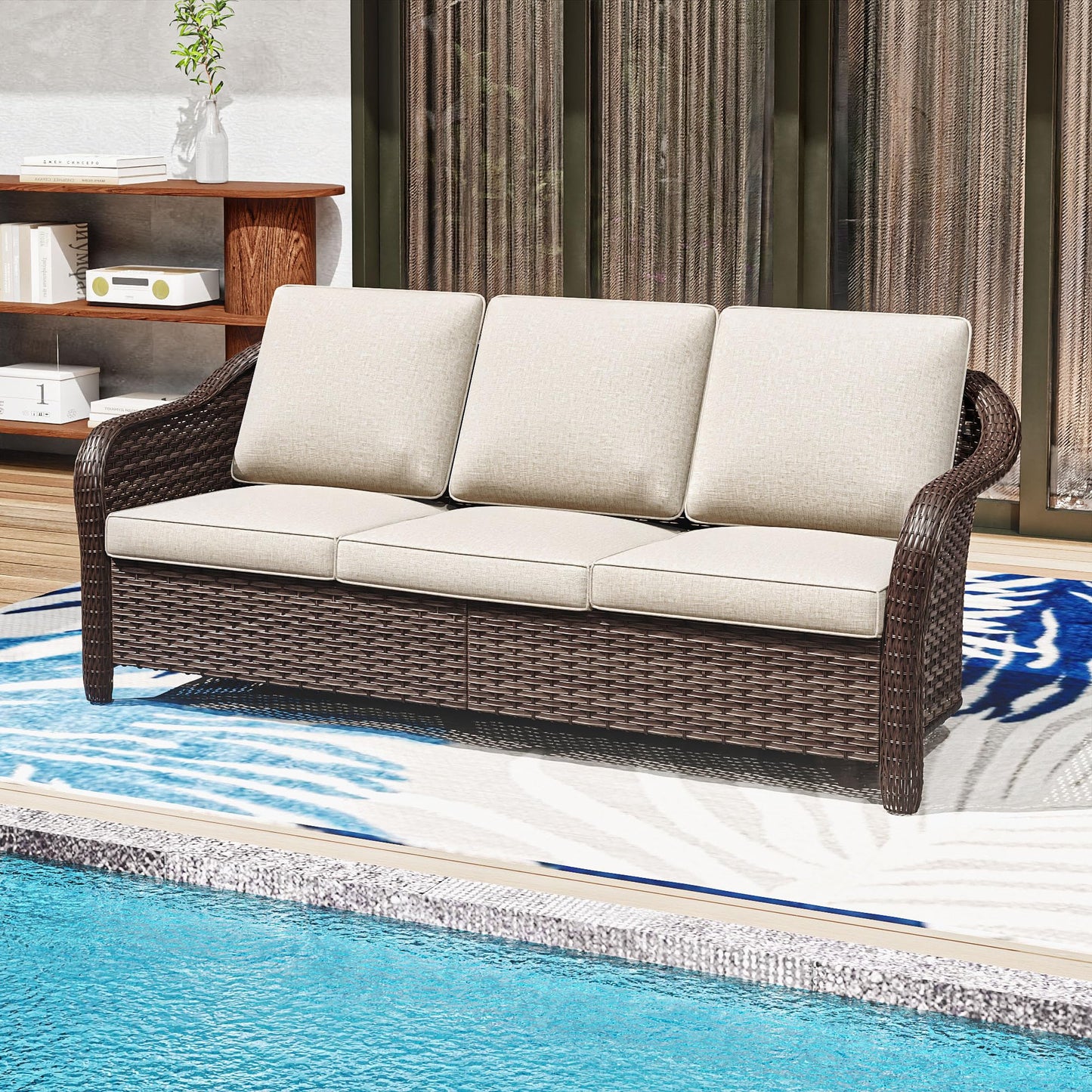 MeetLeisure 78" Wicker 3-seat Sofa, Outdoor Conversation Furniture, All-Weather Rattan Couch, Steel Frame Couch with Cushions for Garden, Poolside, Porch (Beige)