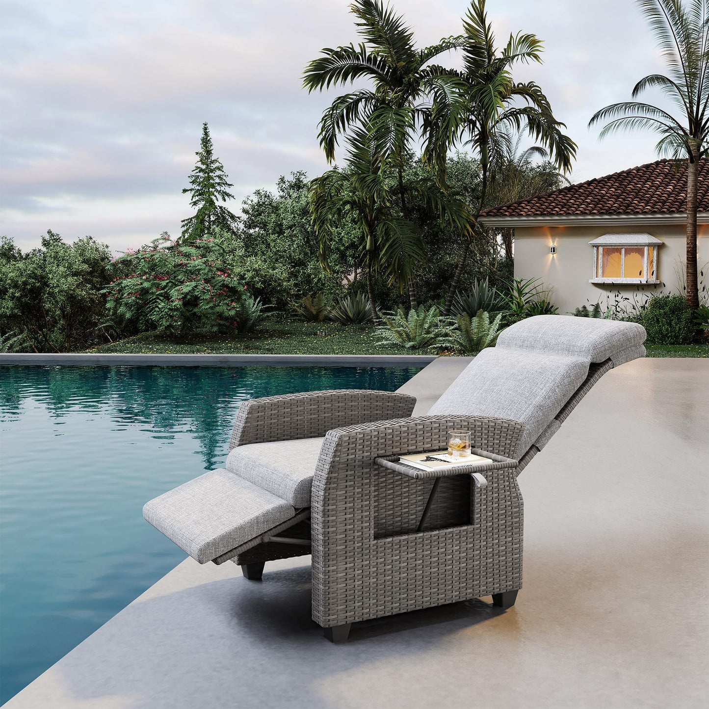 Outdoor Recliner with Independently Adjustable Backrest and Footrest, Patio Wicker Recliner Chair, All-Weather PE Wicker Patio Reclining Lounge Chair with Flip-Up Table Air Pump 155° Lay Flat