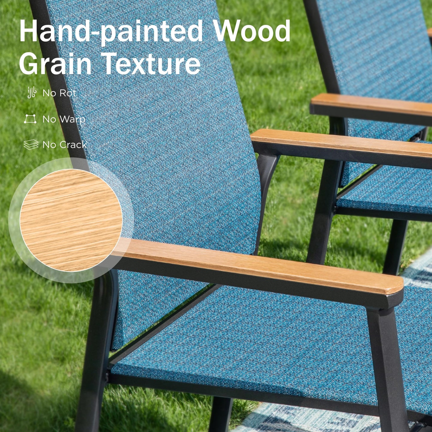 PHI VILLA Outdoor Stackable Chairs, Patio Chairs Set of 6, Light Weight Aluminum Frame with Textilene Fabric & Wood Armrest, High Back Deck Chairs for Poolside Lawn Garden, Blue