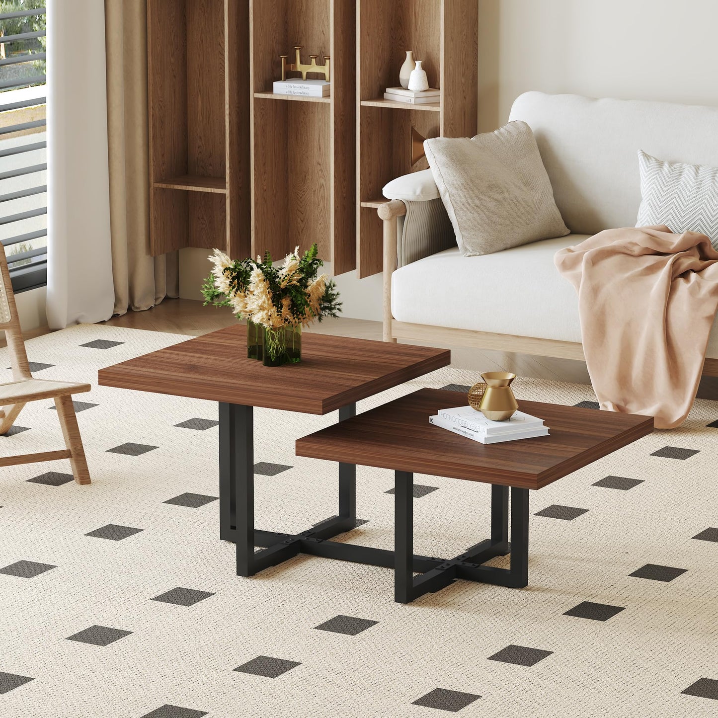Modern Coffee Table,47" Double Layer Coffee Table,Walnut Color Square Center Tables for Living Room, Easy to Assemble and Clean