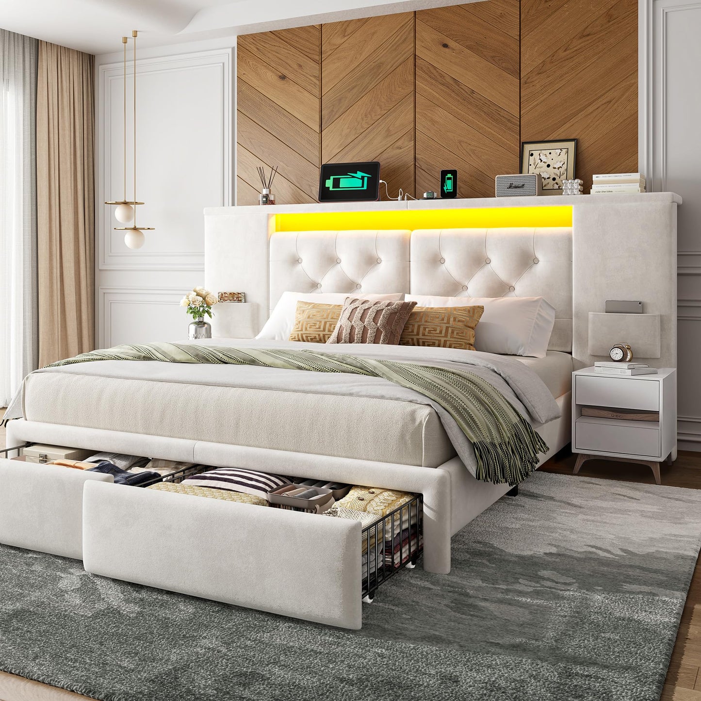 Homkdom Luxury Queen Bed Frame with 2 Storage Drawers and Upholstered Oversized Headboard, Modern Velvet Bed Frame with LED Lights and Charging Station, No Box Spring, Beige