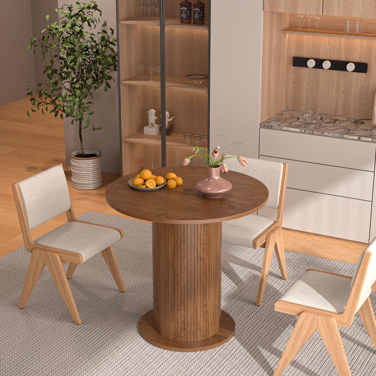 31.5 inch Round Dining Table for 2, Modern Farmhouse Kitchen Table, Small Circle Dining Tables with Wood Strip Base for Kitchen Living Room (Walnut)