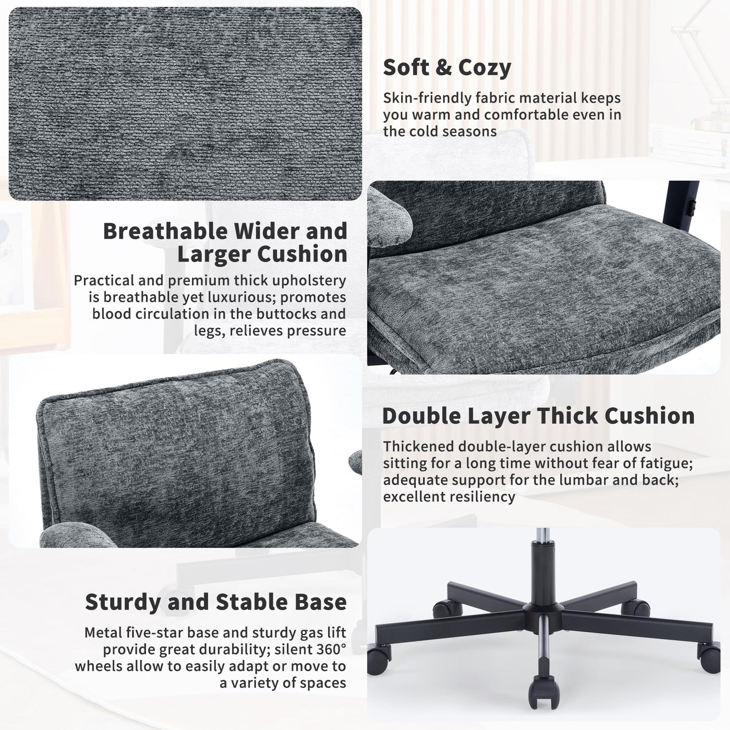 FanciSpot Cross Legged Office Chair with Wheels and Adjustable Flip-Arms, Criss Cross Desk Chair with Thick Cushion, Wide Seat Chair for Home Office, Apartment, Bedroom, Grey