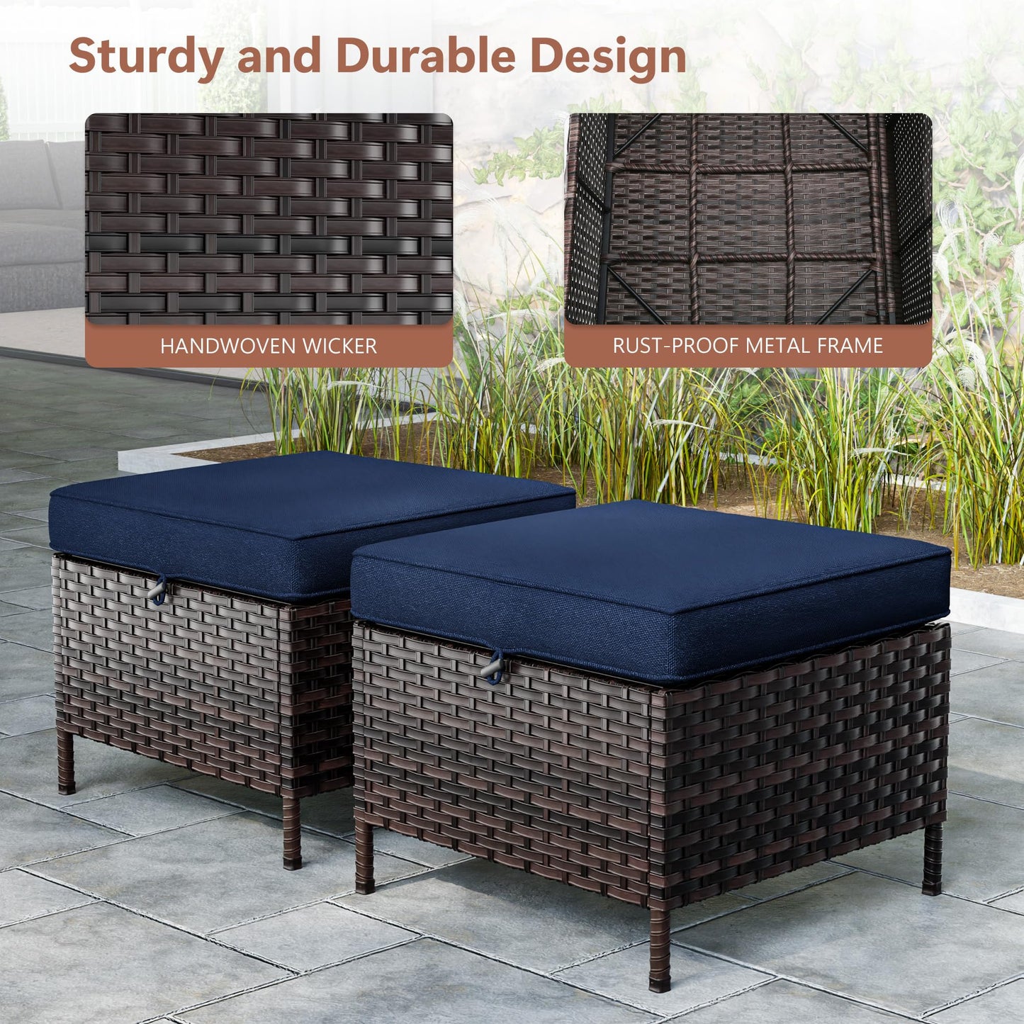 MaxMulti Patio Ottomans Set of 2, All-Weather Outdoor Wicker Ottoman with Thick Removable Cushion, 2 Piece Patio Footrest PE Rattan Ottomans for Garden, Porch, Poolside (Blue)