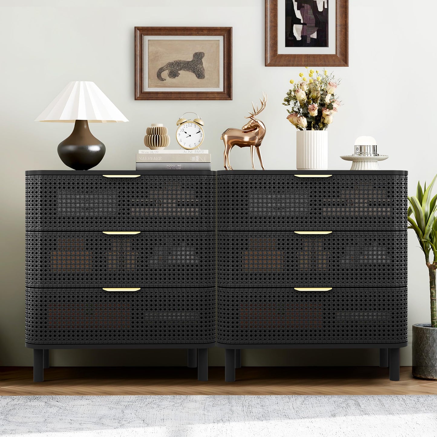 YZRSTY 3 Drawer Dresser for Bedroom, Modern Iron Closet Dressers Chest of Drawers, Boho Rattan Wide Dresser Nightstand with Storage Drawers for Living Room, Dressing Room, Entryway, Hallway