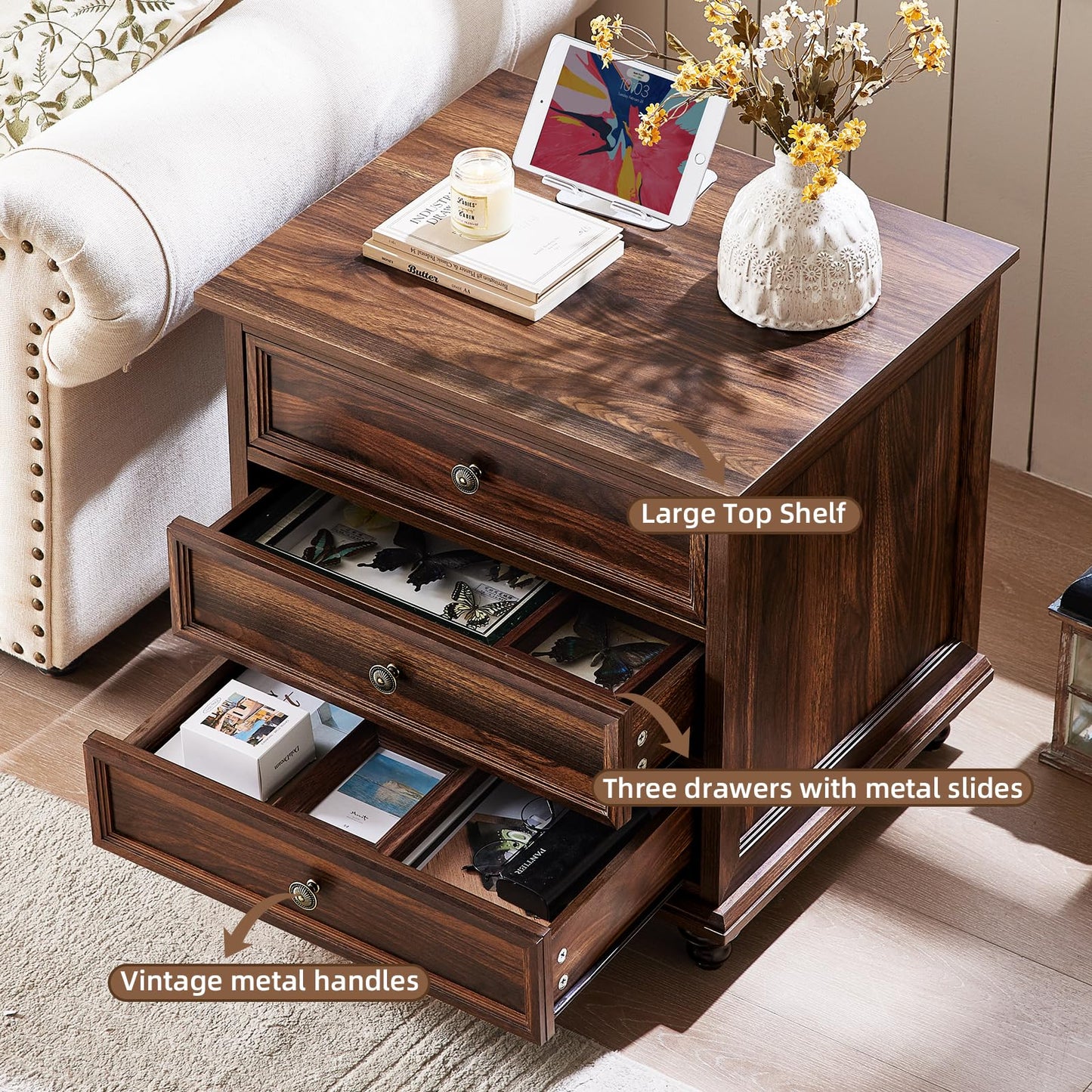 Joaxswe 24" Wide Farmhouse Night Stand Set of 2,Large End Table with 3 Drawers & Metal Handle,Brown Wood Dresser for Bedroom Cabinet, Bed Side Table Chest of Drawers,Nightstand for Living Room,Closet