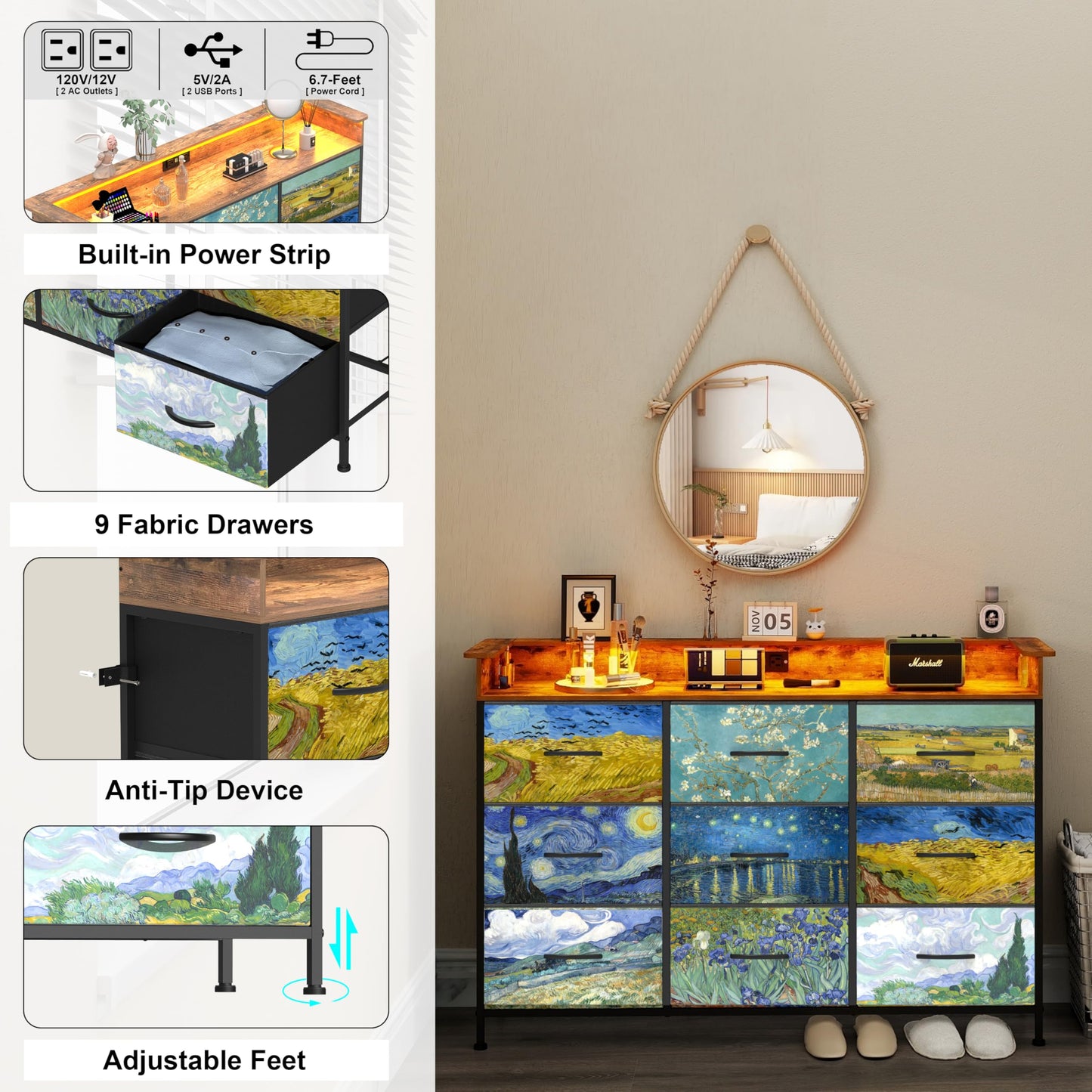 EXOTICA Welfuturer Dresser for Bedroom Van Gogh Dressers with 9 Drawers Chest of Drawers Fabric Clothes Drawer Fabric Closet Organizer for Living Room Entryway Nursery Sturdy Steel Frame Wood Top